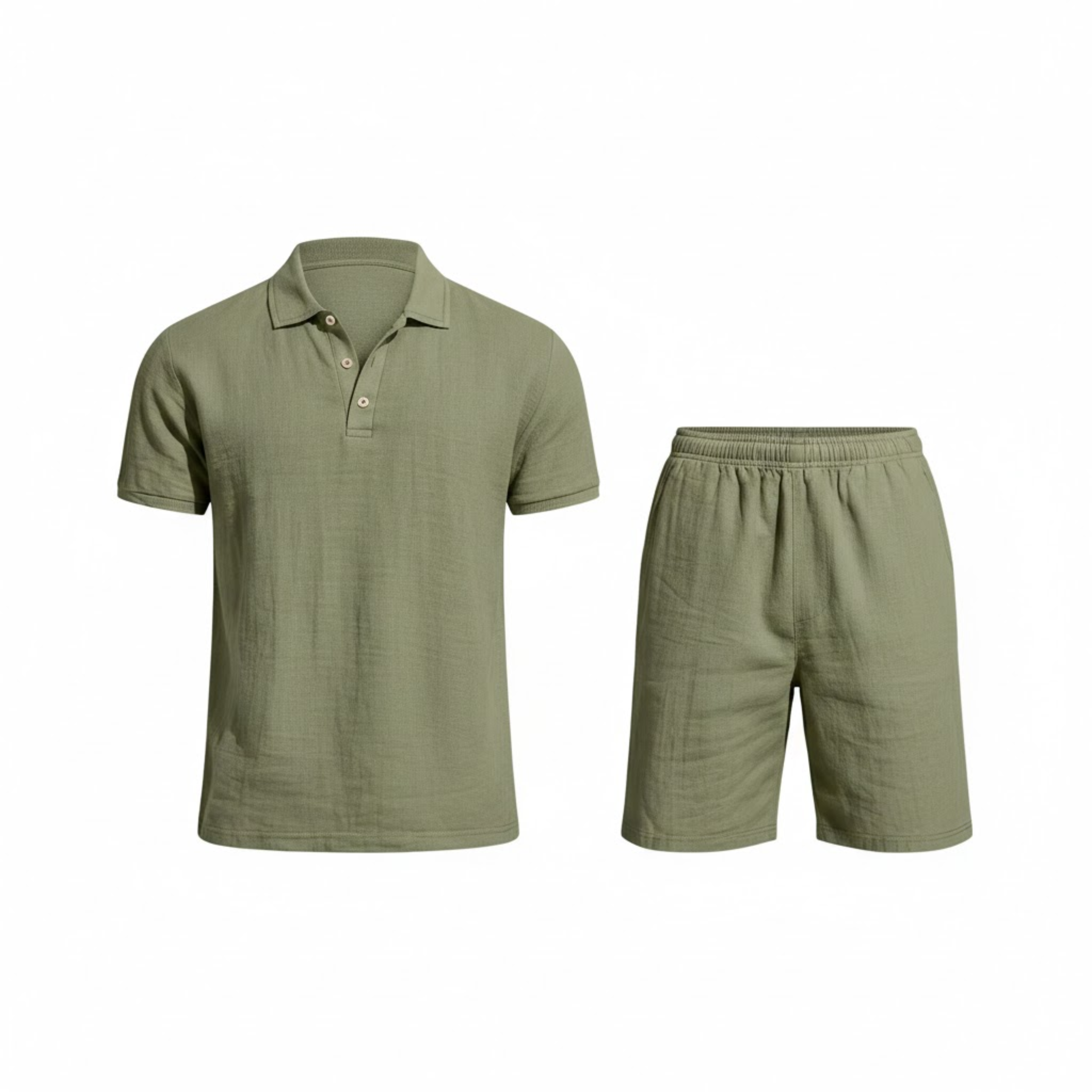Men's Two Piece Linen Set Short Sleeve Polo Shirt and Drawstring Shorts Casual Suit