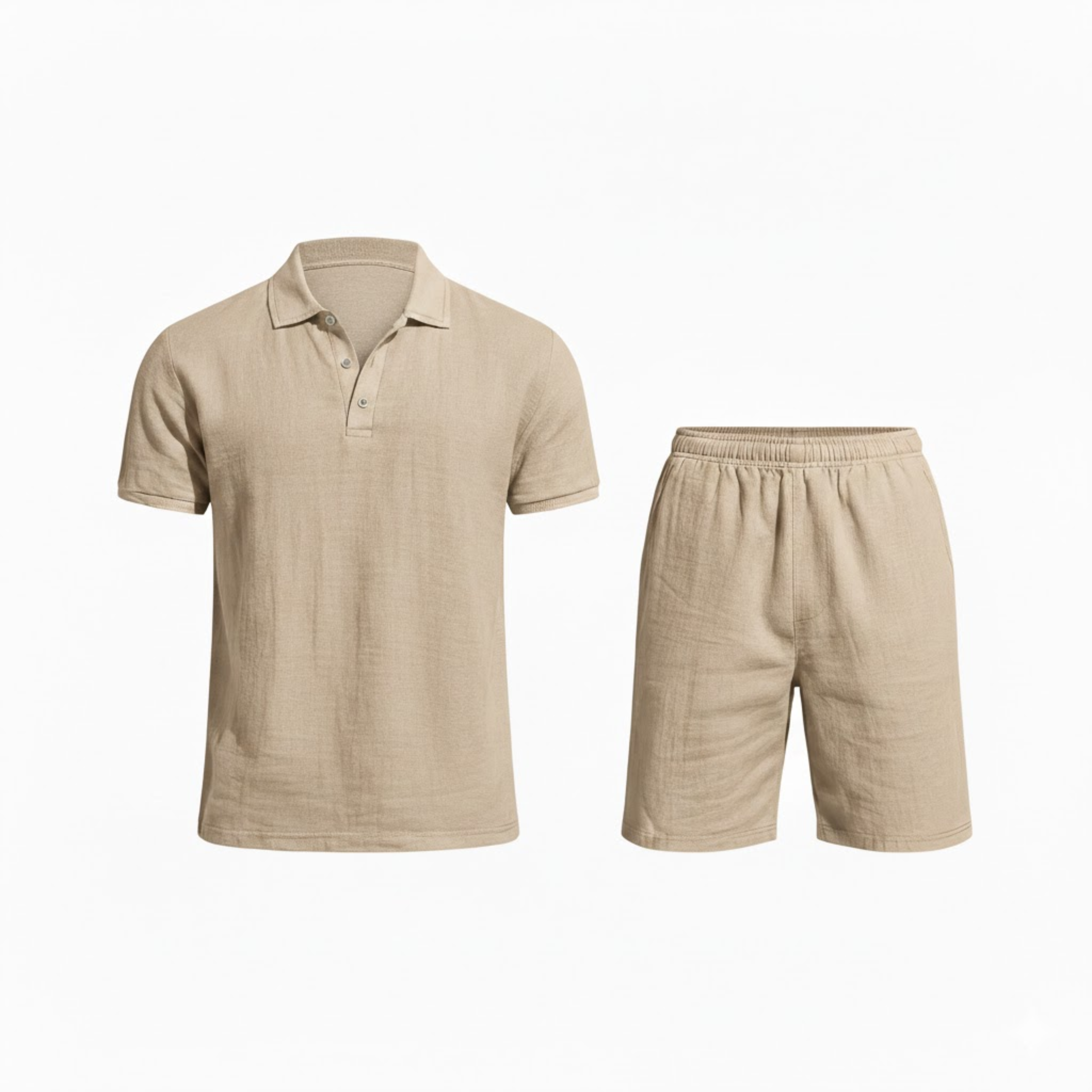 Men's Two Piece Linen Set Short Sleeve Polo Shirt and Drawstring Shorts Casual Suit