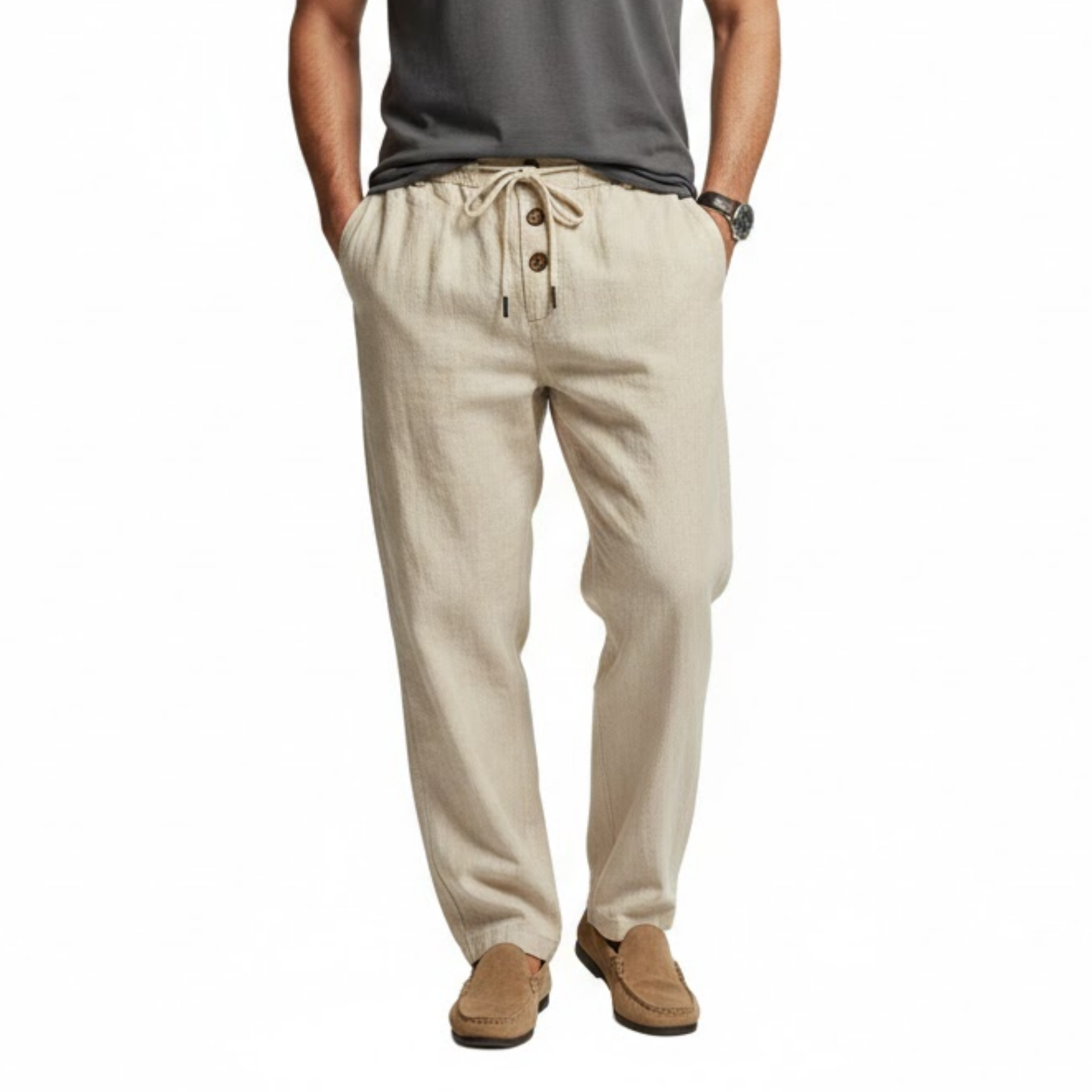 Men's Drawstring Linen Pants Elastic Waist Straight Leg Breathable Casual Trousers