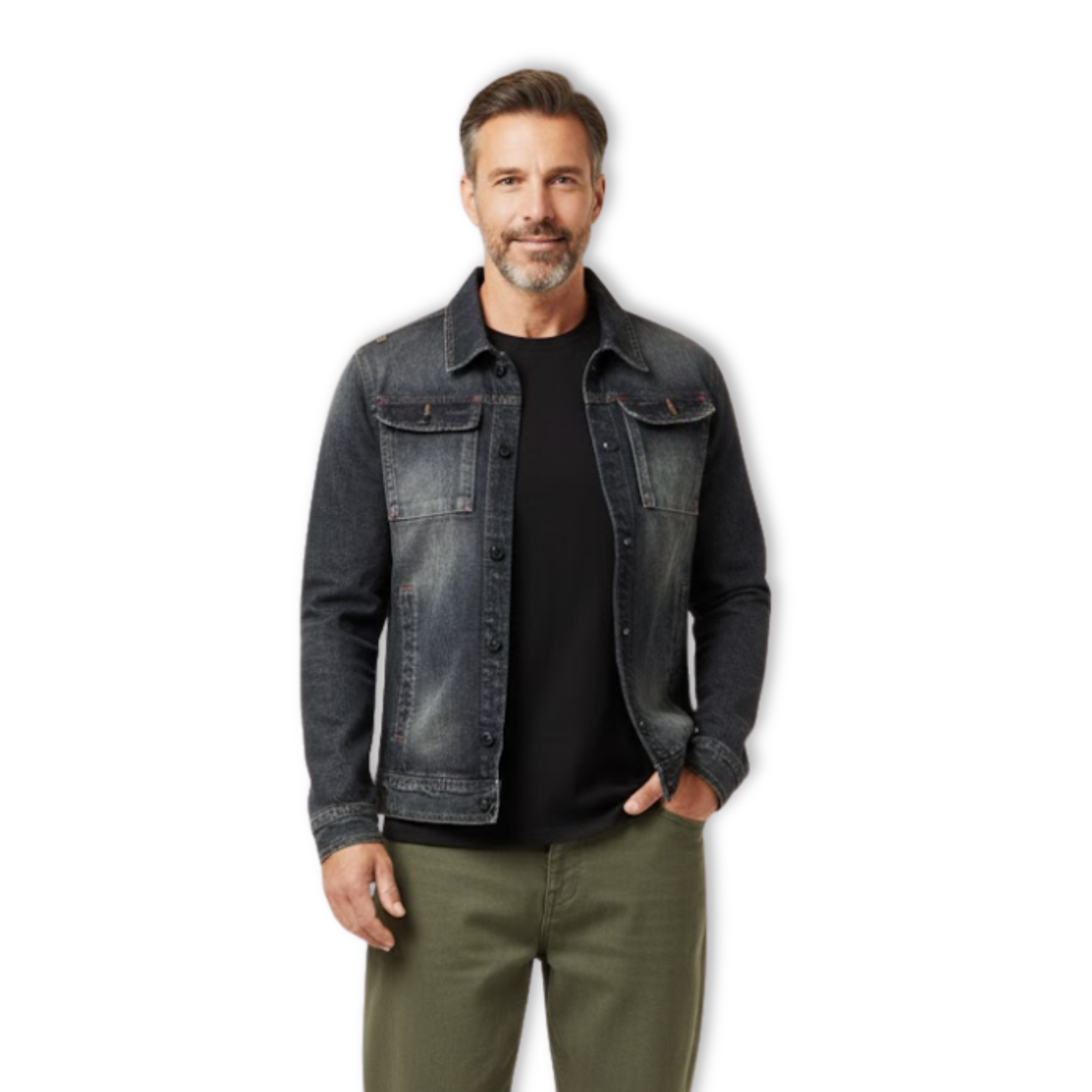 Vintage Denim Jacket with Zip Stand Up Cotton Slim Fit Denim Coat