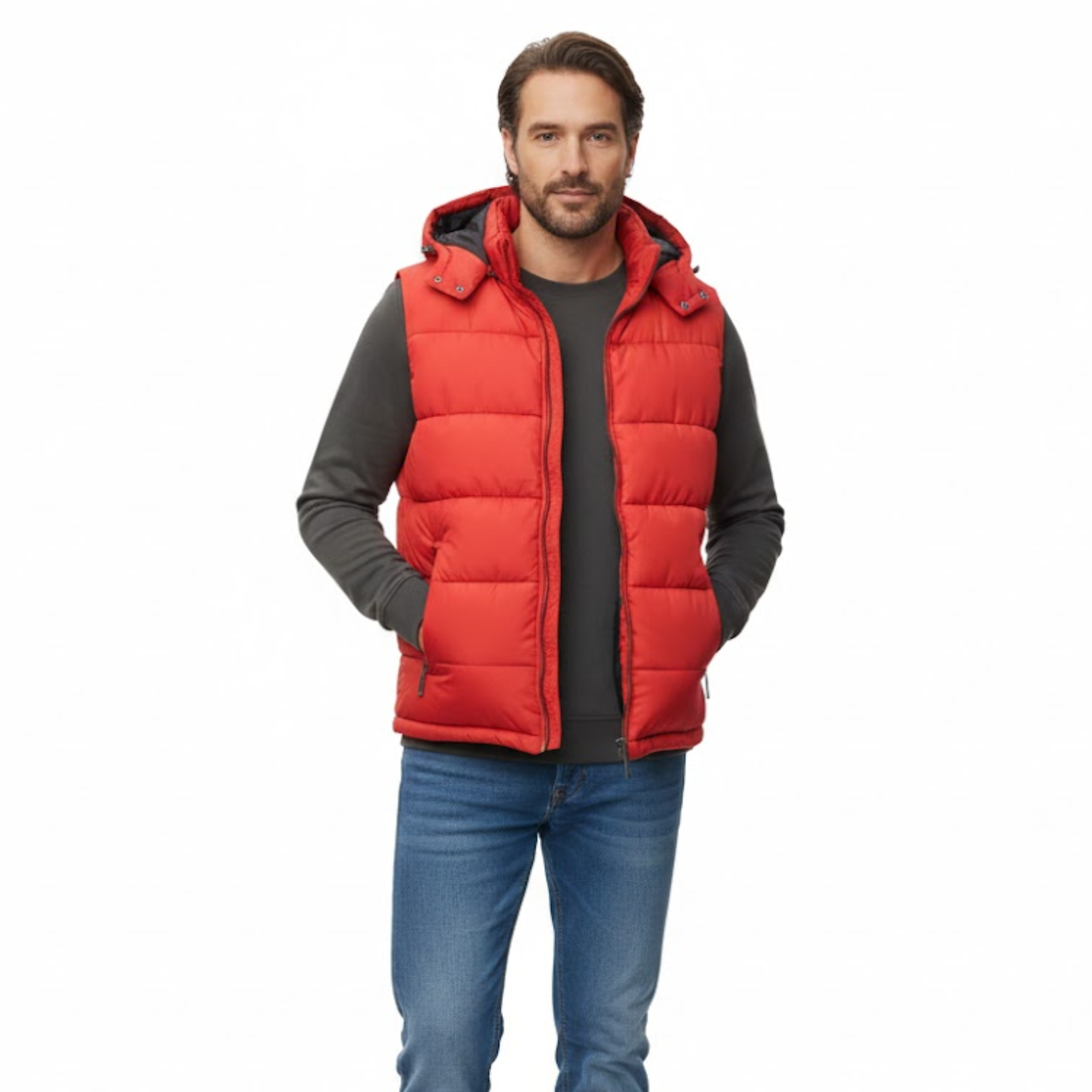 Men's Padded Hooded Vest Sleeveless Puffer Gilet with Full Zipper and Pockets