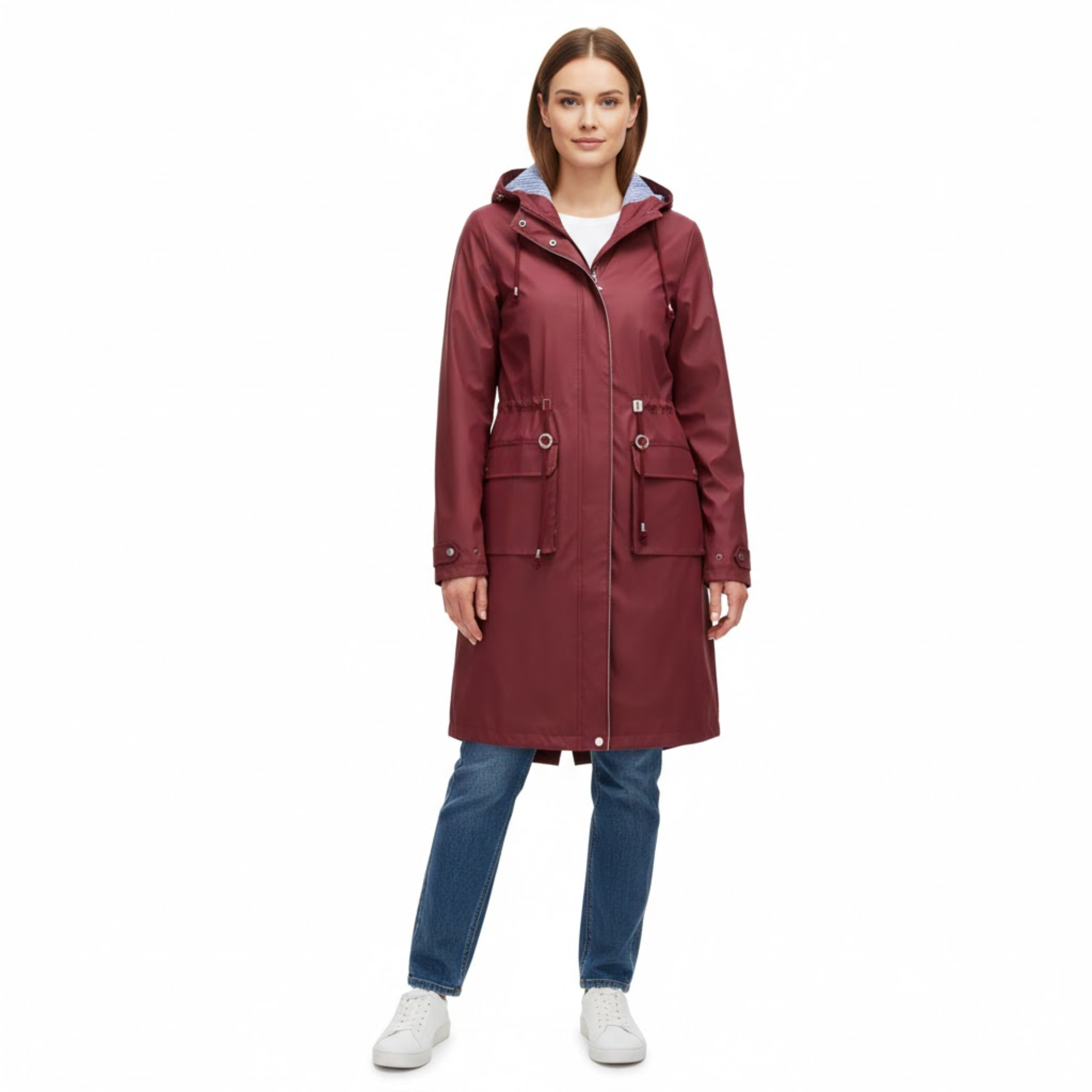 Women's Hooded Long Trench Coat Zipper Closure Full Sleeve Canvas Jacket with Pockets