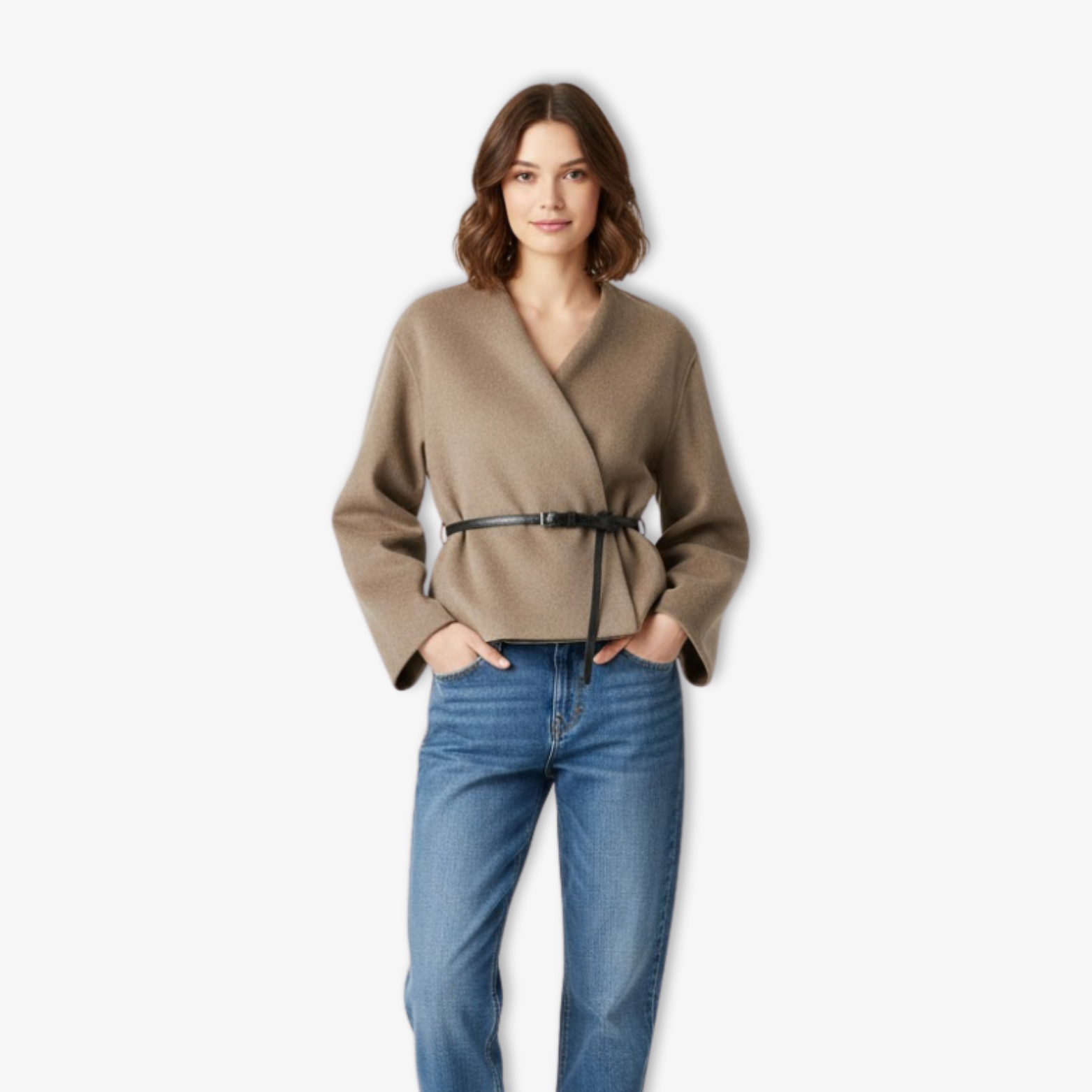 Women's V-Neck Wrap Jacket with Waist Belt Long Sleeve Soft Elegant Outerwear Coat