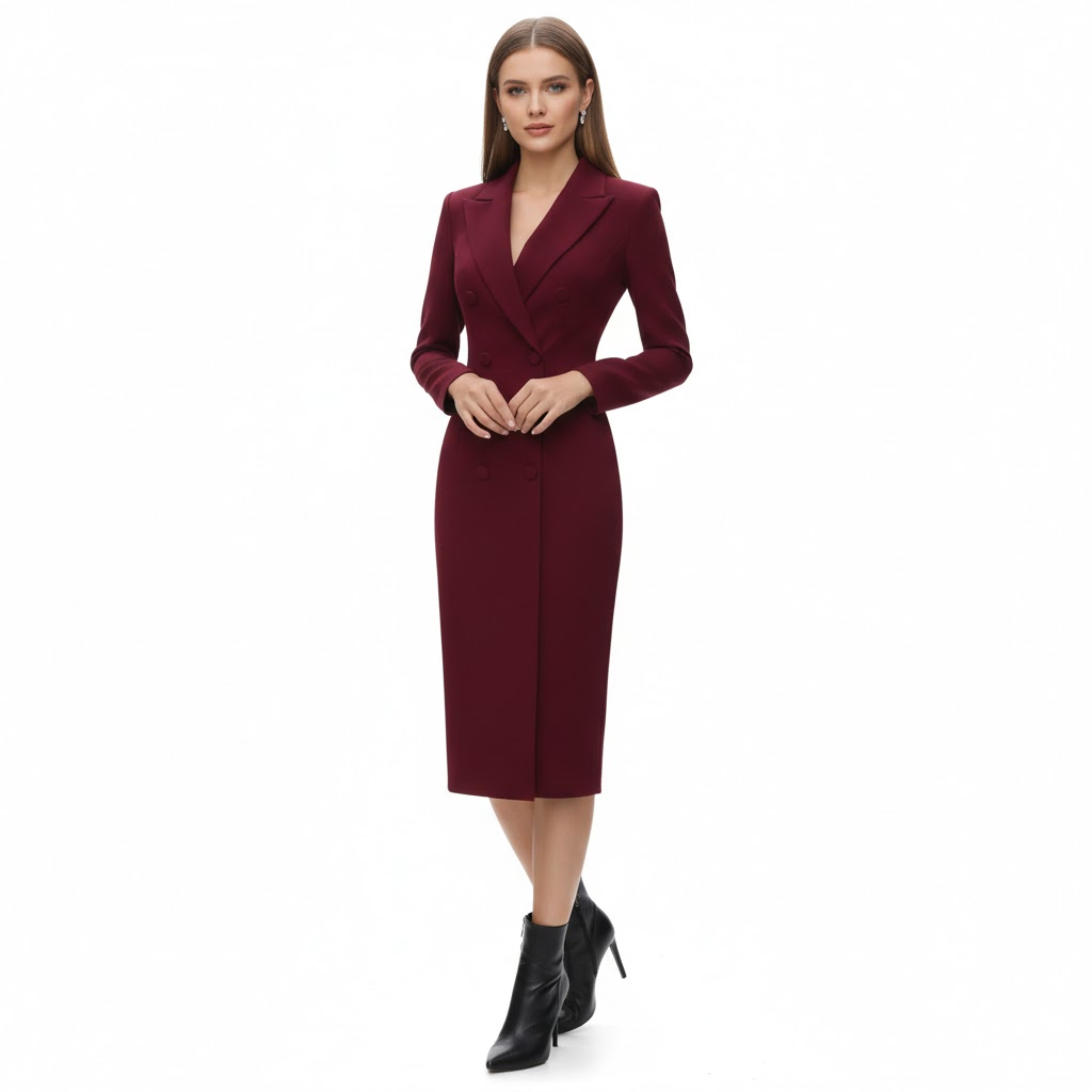 Women's Double Breasted Blazer Dress Long Sleeve Notched Lapel Midi Business Suit