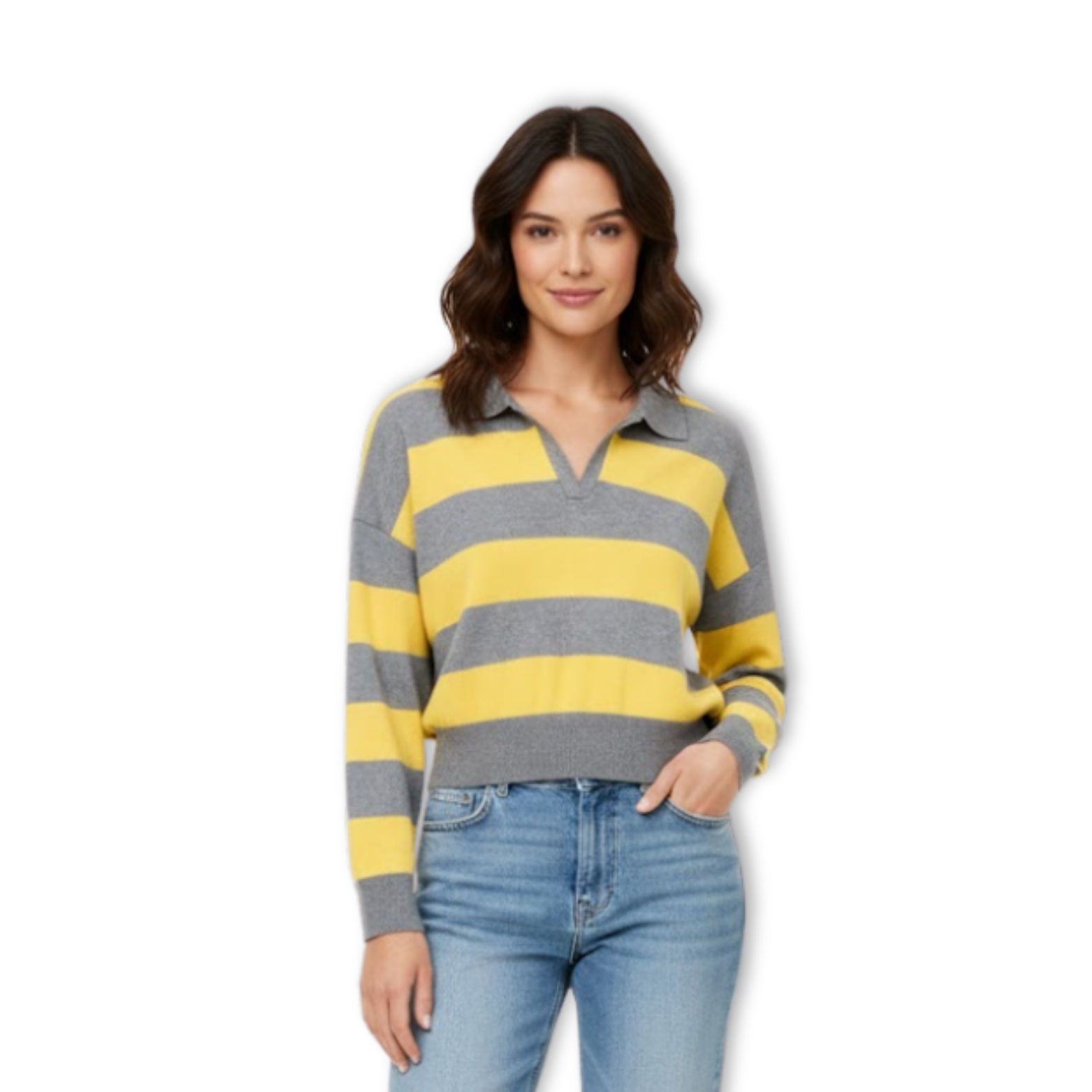 Woman Fashion Streetwear Loose Polo Collar Stripe Sweater Pullover