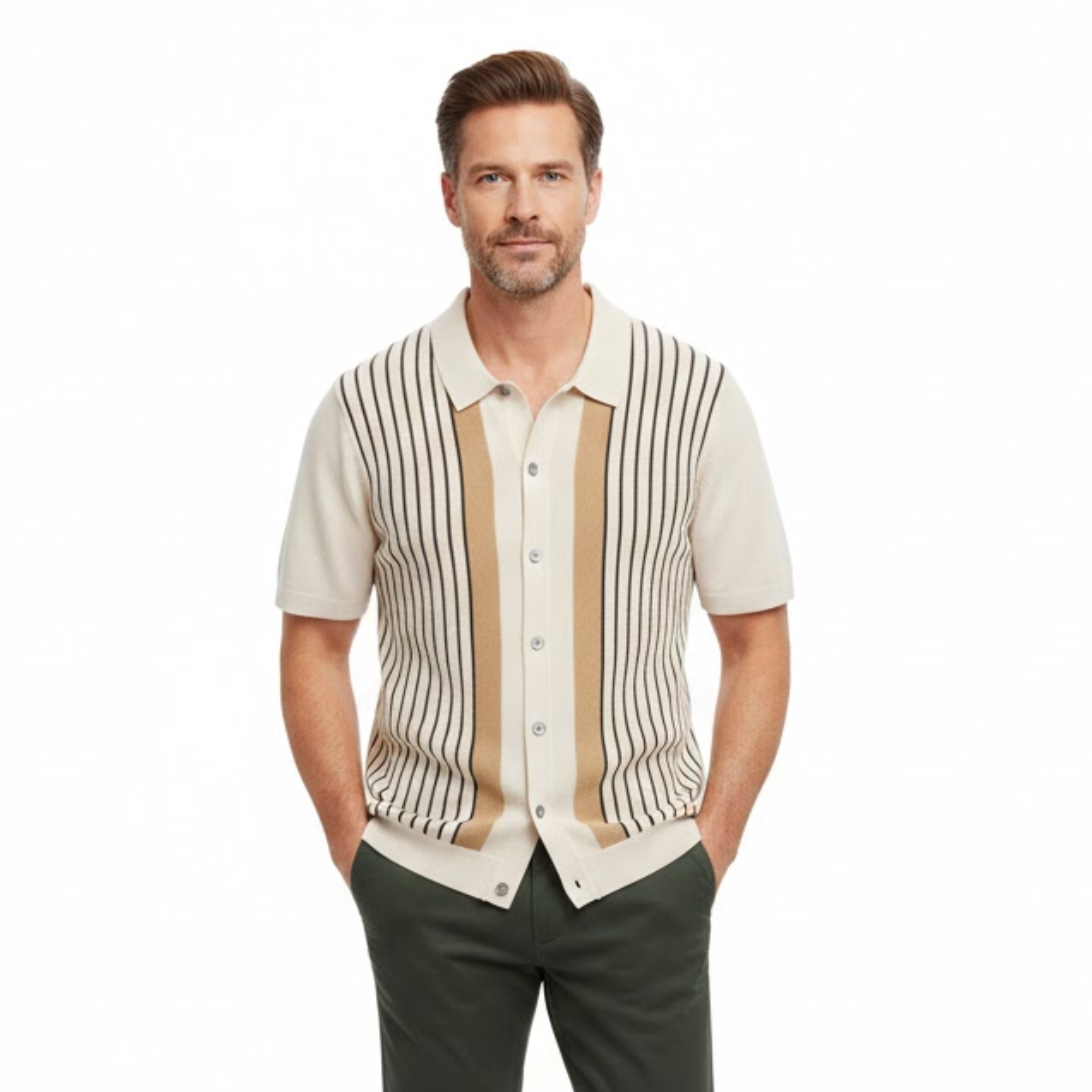 Men's Knit Polo Shirt Short Sleeve Striped Button Down Breathable Retro Casual Top