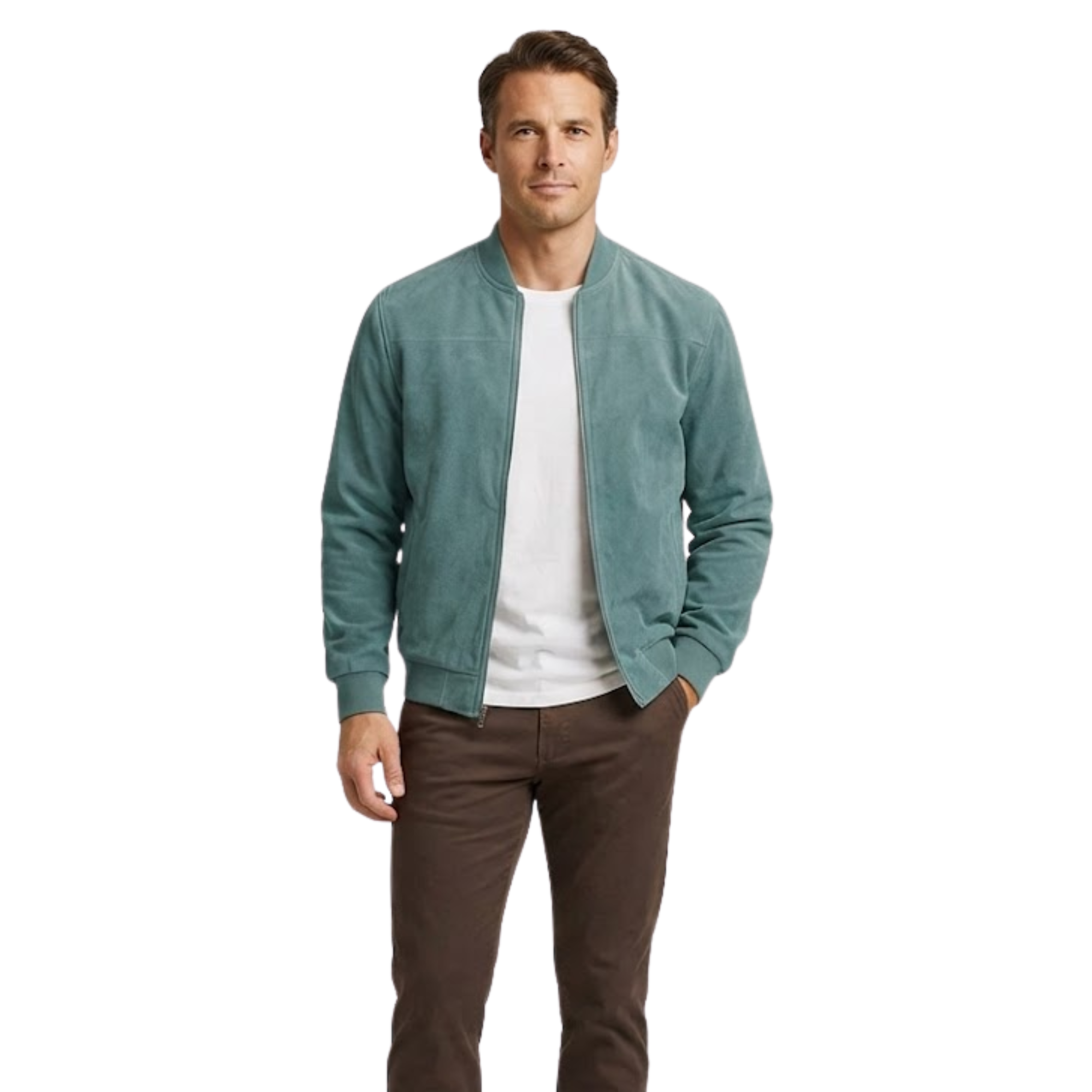 Men's Suede Bomber Jacket with Stand Collar and Full Zipper Closure