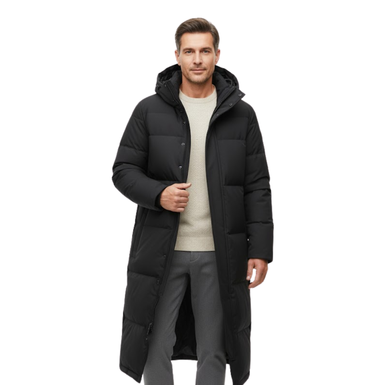 Men's Puffer Jacket Long Padded Parka Thickened Warm Stand Collar Quilted Coat
