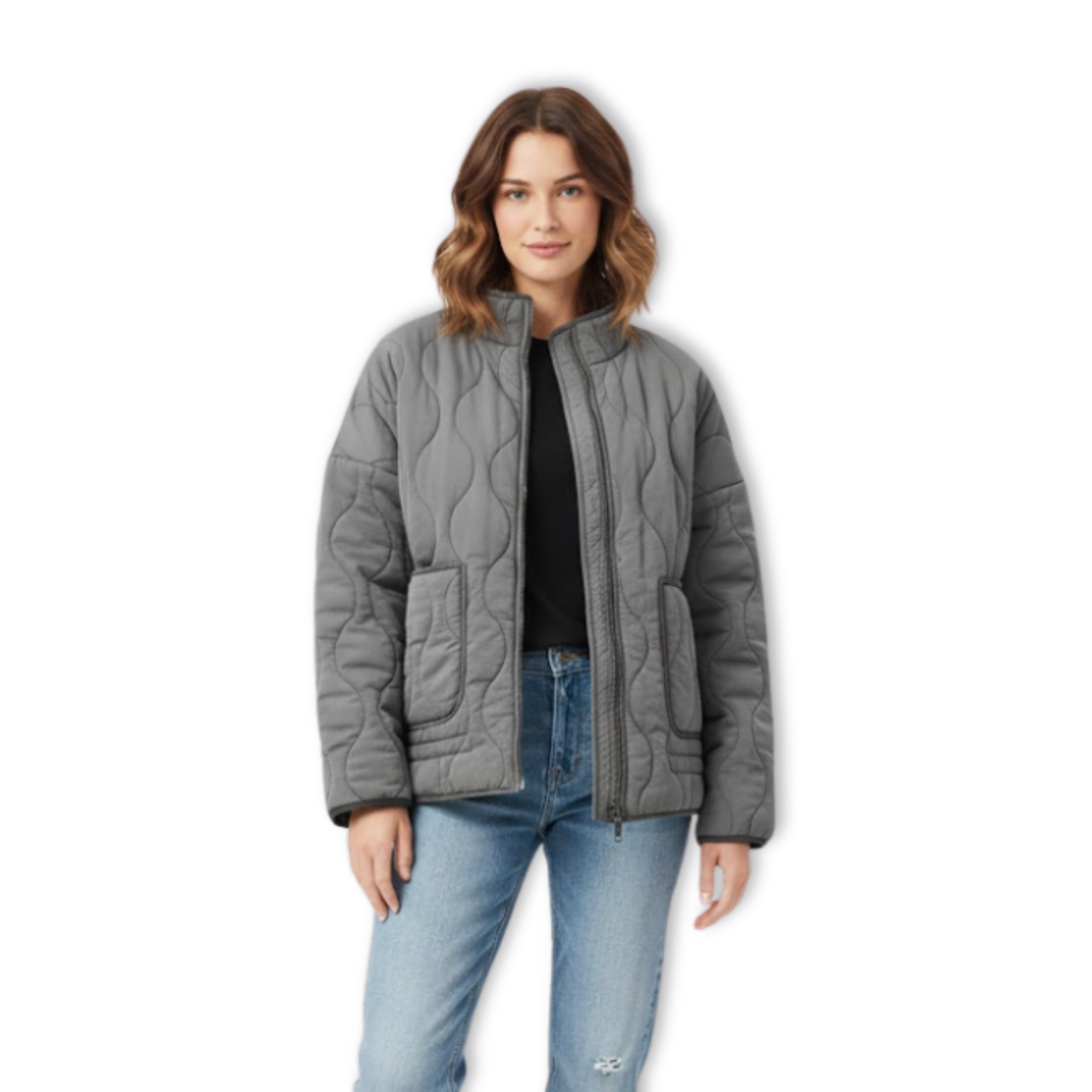 Women's Cotton Padded Jacket Winter Long-Sleeved Pocketed Loose Stand Collar Zipper Solid Color Coat