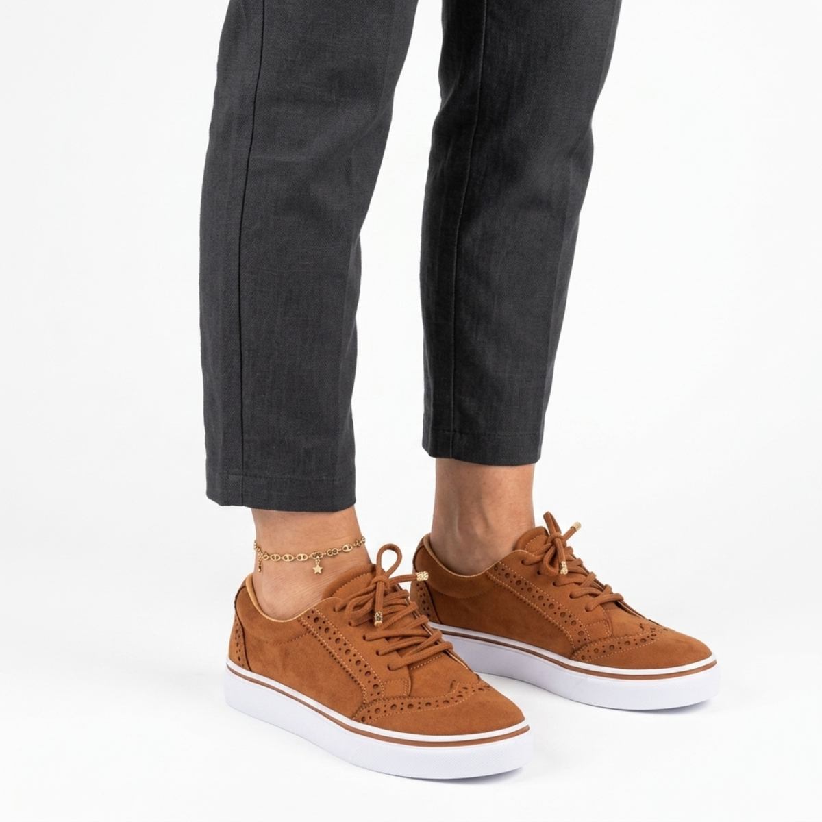 Women's lace-up sneakers — platform sole with wingtip detail — daily walking