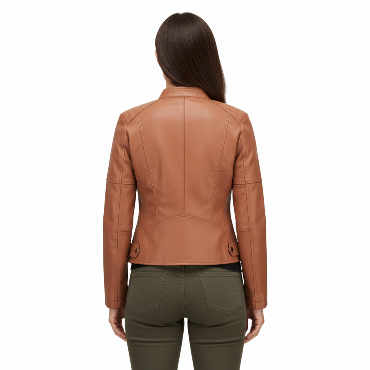 Faux Leather Biker Jacket for Women with Stand Collar and Zip Pockets