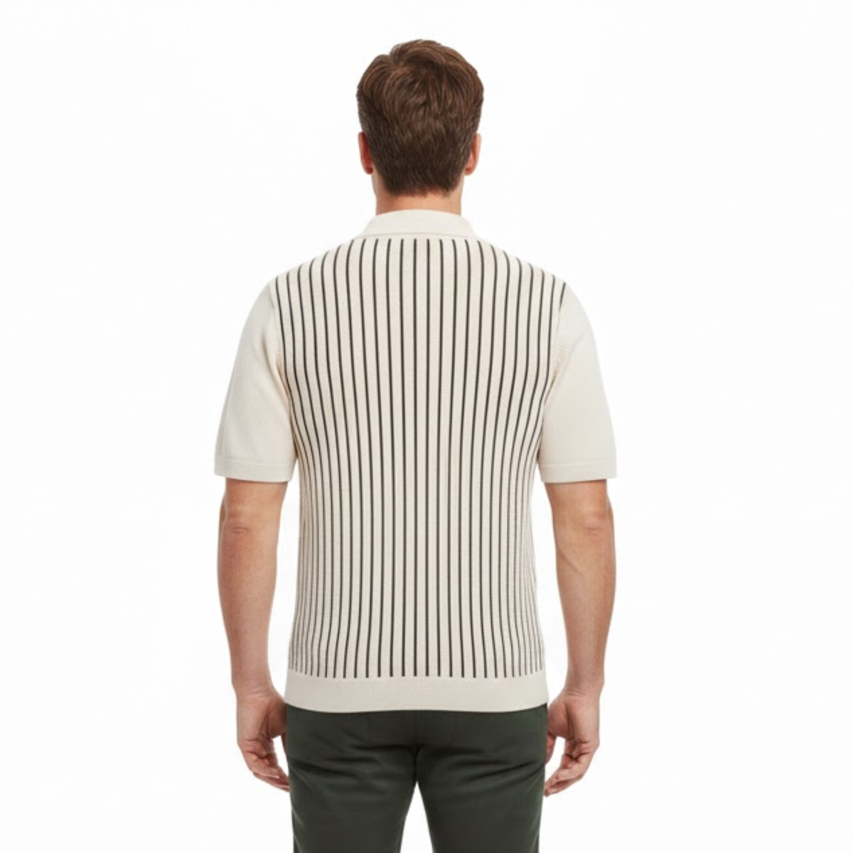 Men's Knit Polo Shirt Short Sleeve Striped Button Down Breathable Retro Casual Top