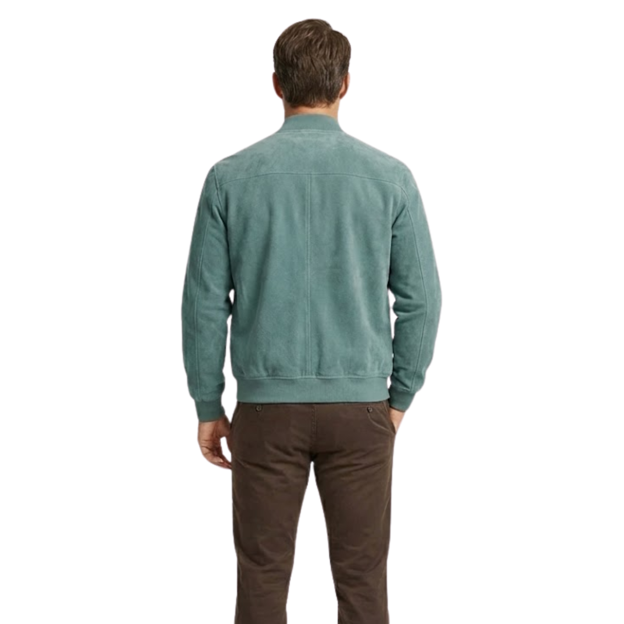 Men's Suede Bomber Jacket with Stand Collar and Full Zipper Closure