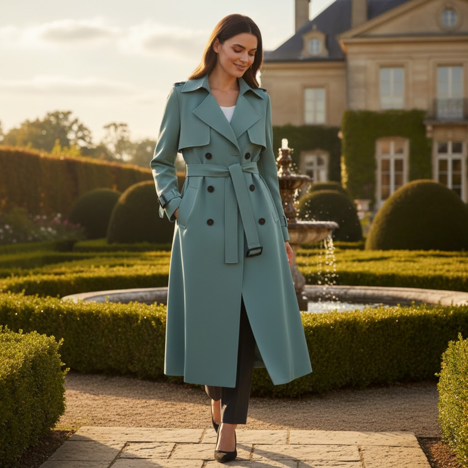 Women's Double Breasted Trench Coat Long Slim Fit Jacket with Belt Outerwear