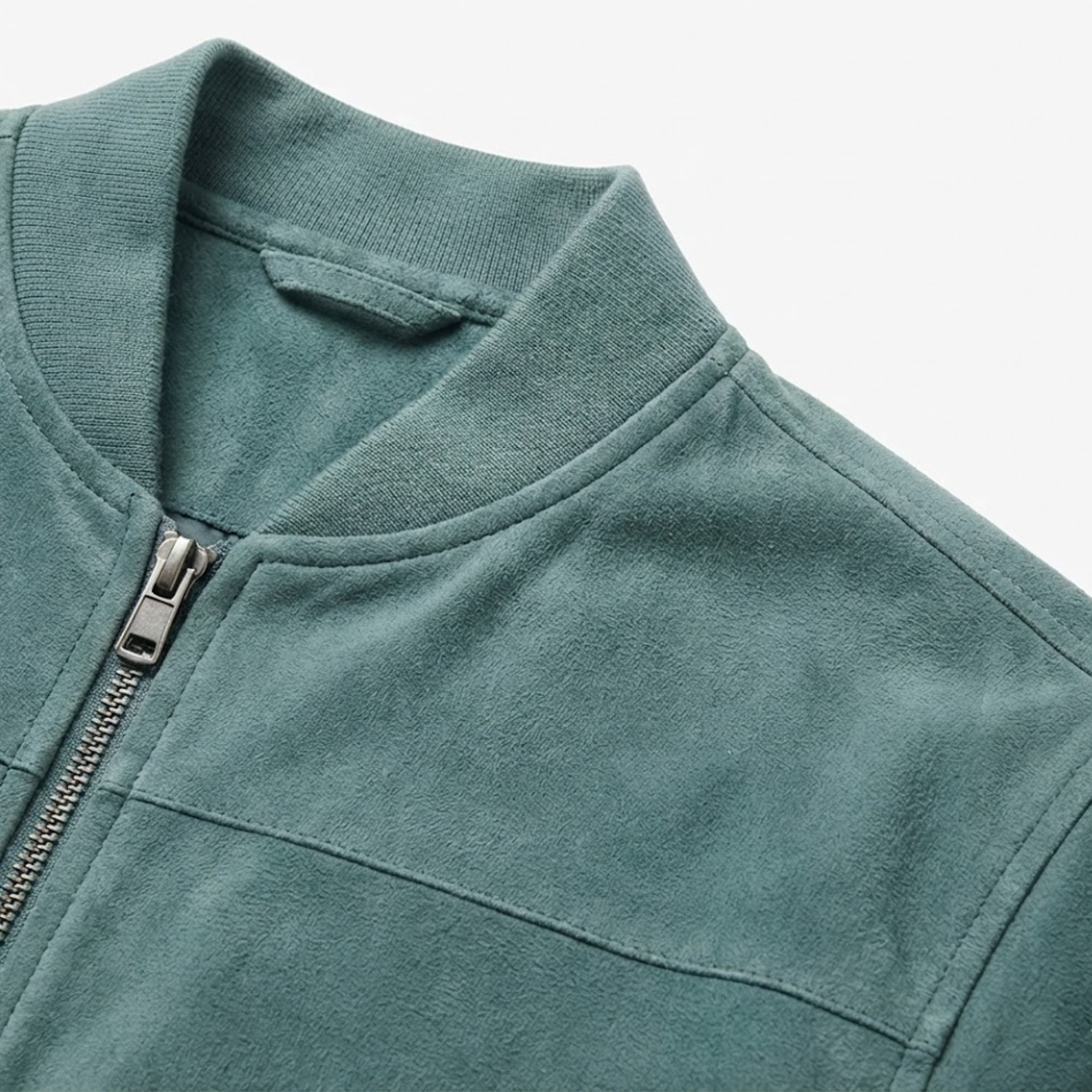 Men's Suede Bomber Jacket with Stand Collar and Full Zipper Closure