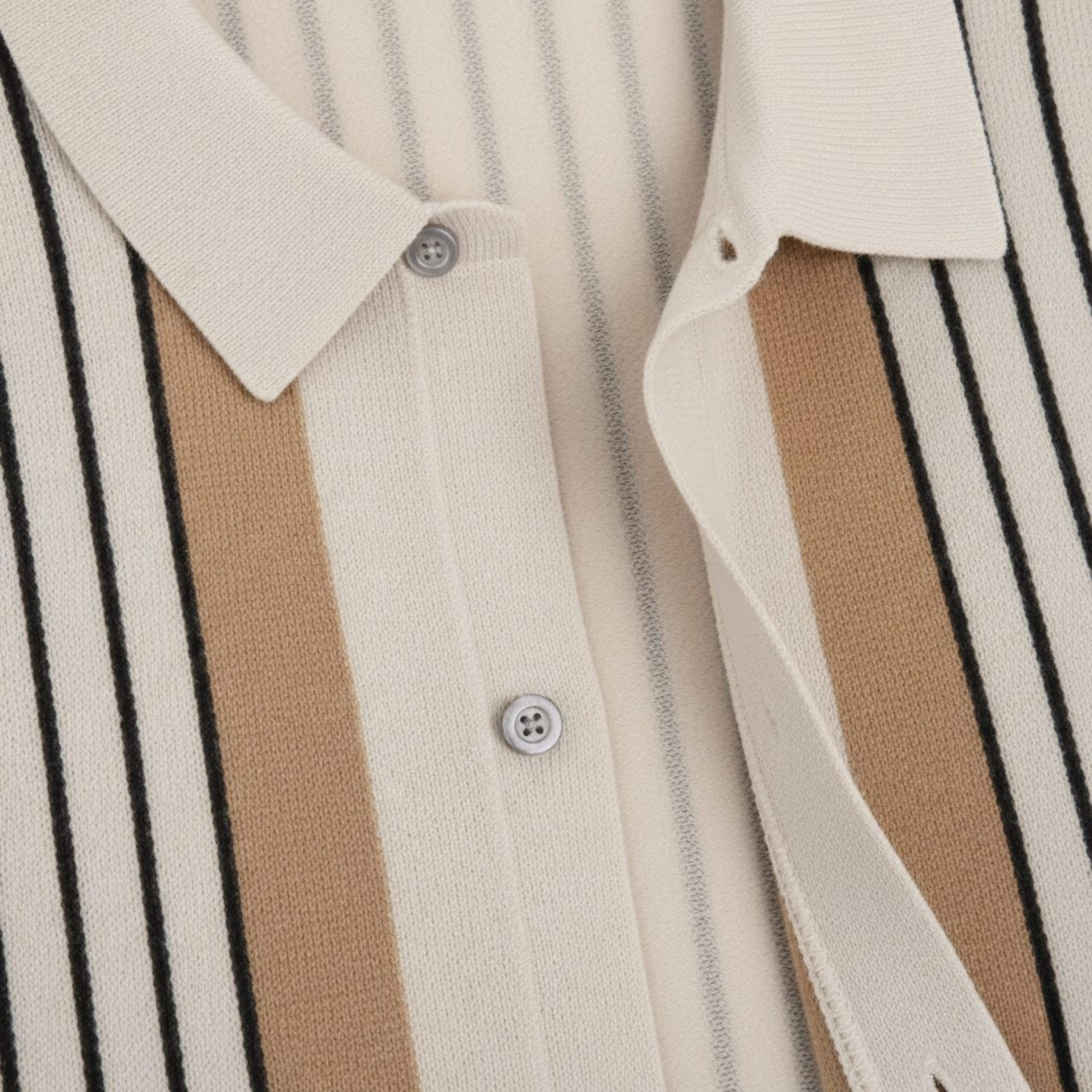 Men's Knit Polo Shirt Short Sleeve Striped Button Down Breathable Retro Casual Top