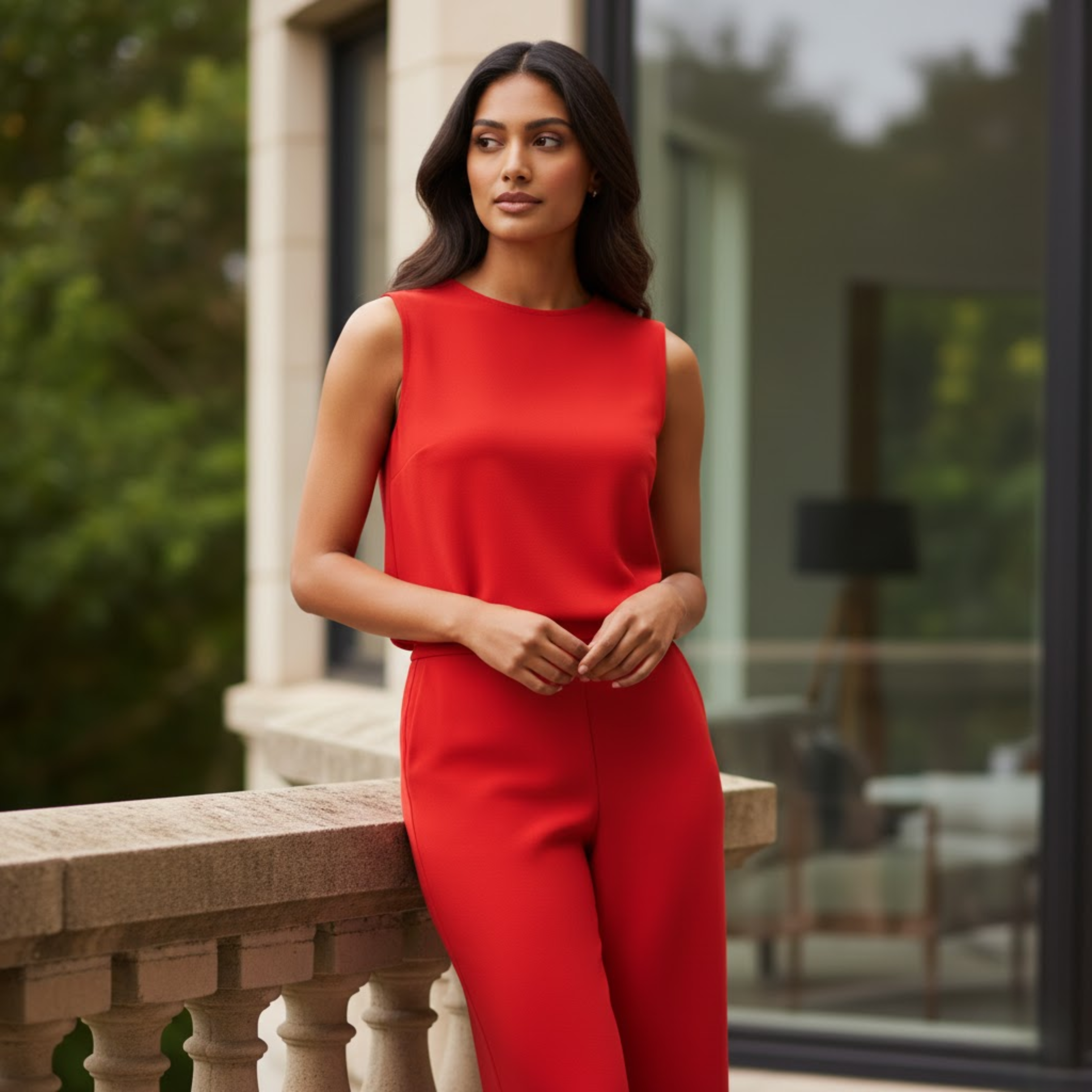 Women's Sleeveless Wide Leg Jumpsuit with Mock Neck and Full Length Trousers