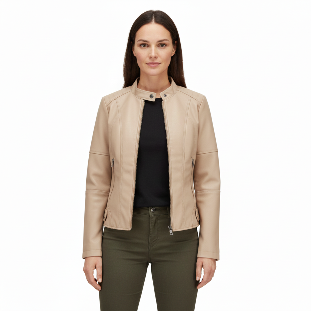 Faux Leather Biker Jacket for Women with Stand Collar and Zip Pockets