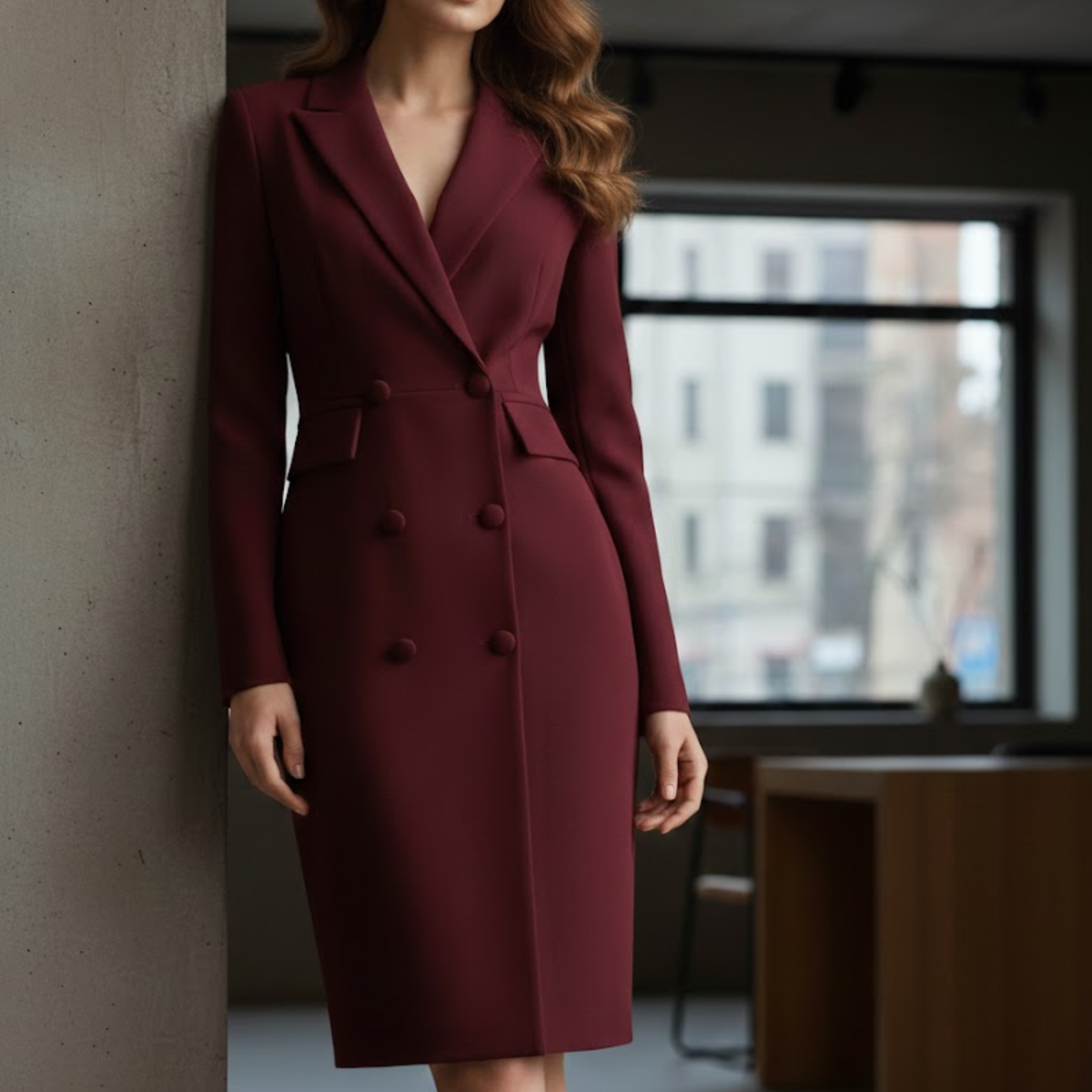 Women's Blazer Dress Knee-Length Pencil Silhouette with Lapel Collar and Buttons