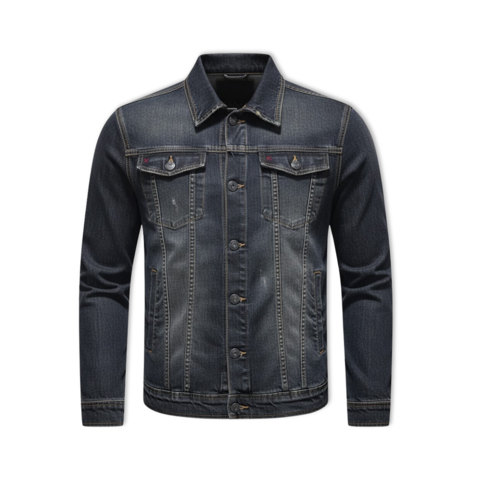 Vintage Denim Jacket with Zip Stand Up Cotton Slim Fit Denim Coat