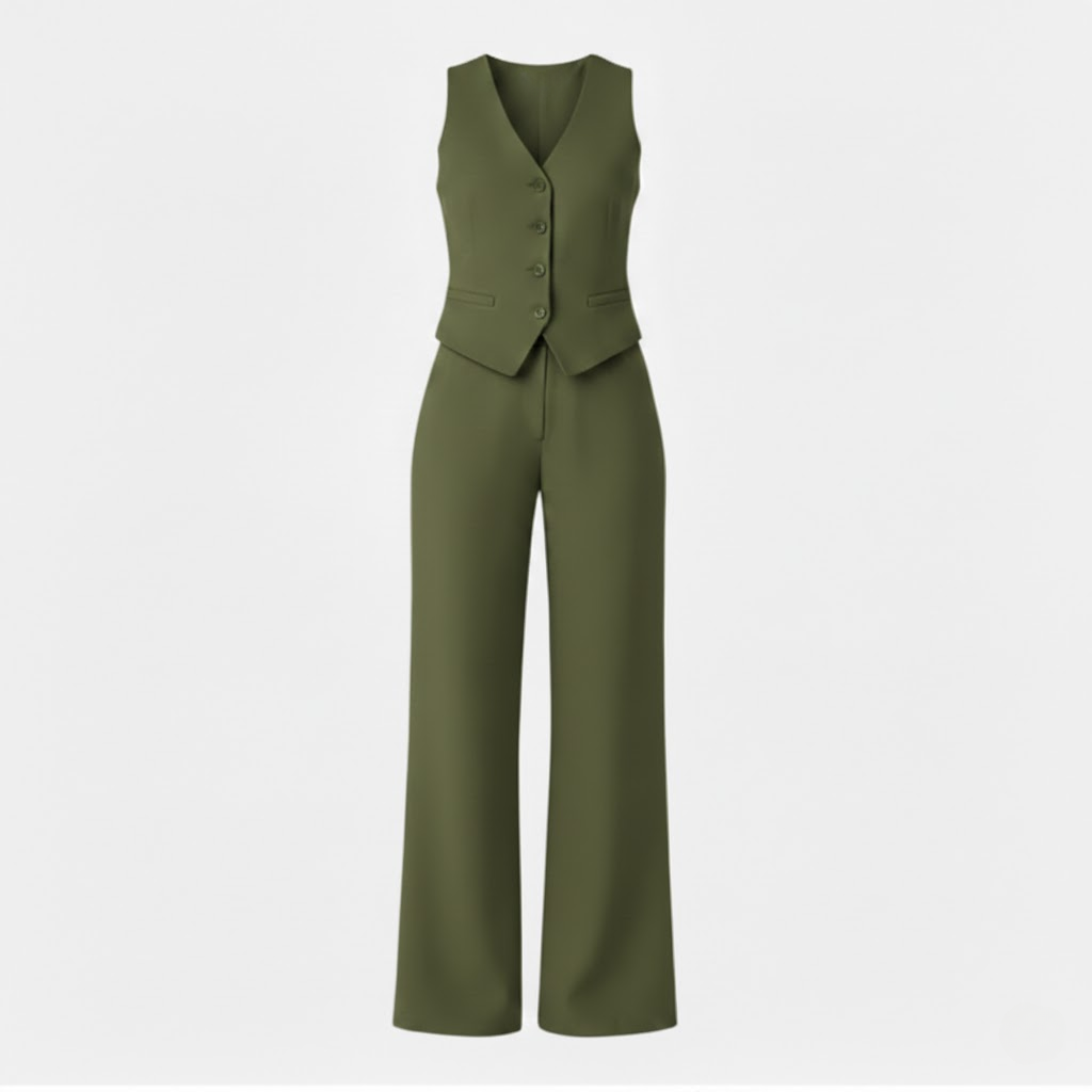 Women's Sleeveless V-Neck Waistcoat and High Waist Wide Leg Trouser Two Piece Set