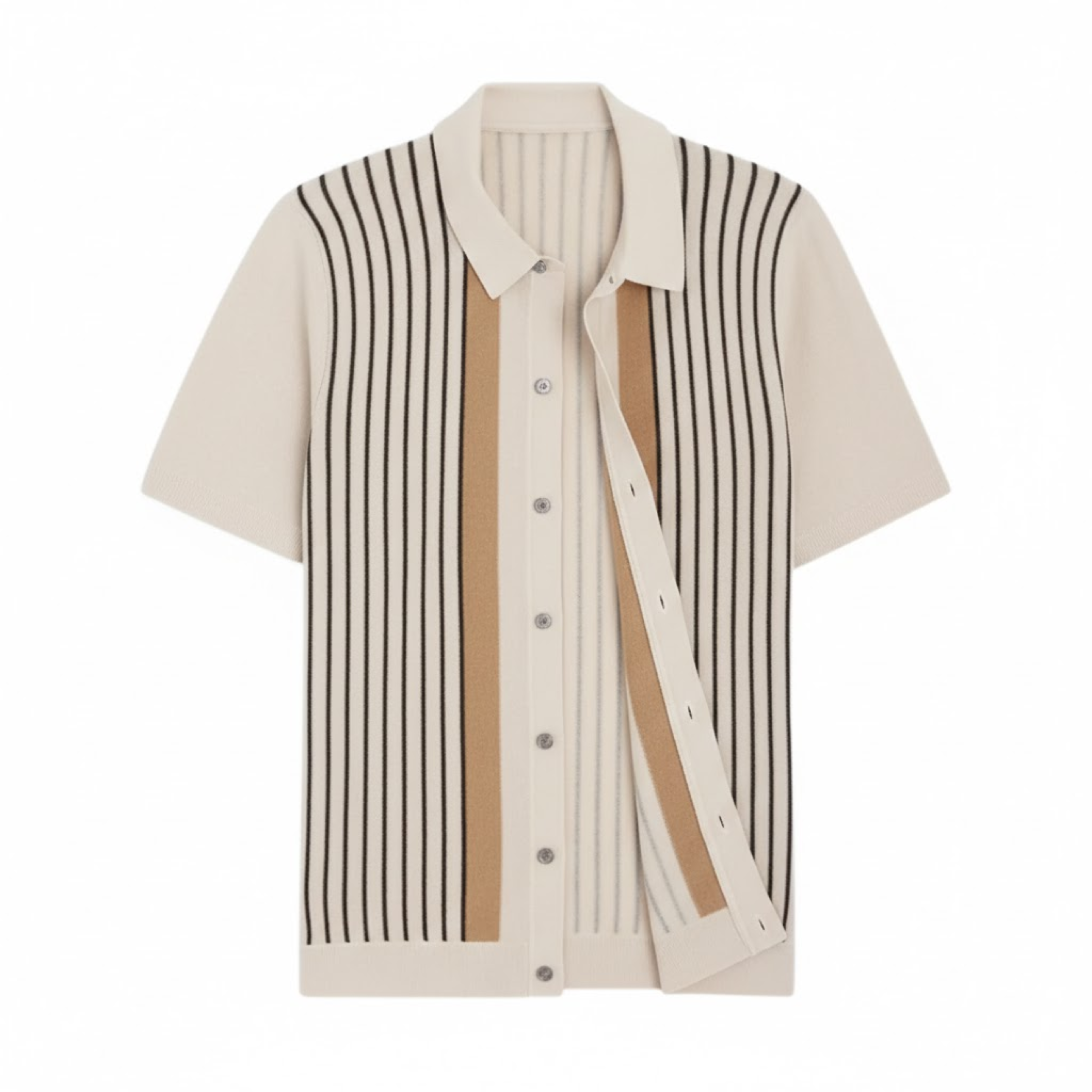 Men's Knit Polo Shirt Short Sleeve Striped Button Down Breathable Retro Casual Top