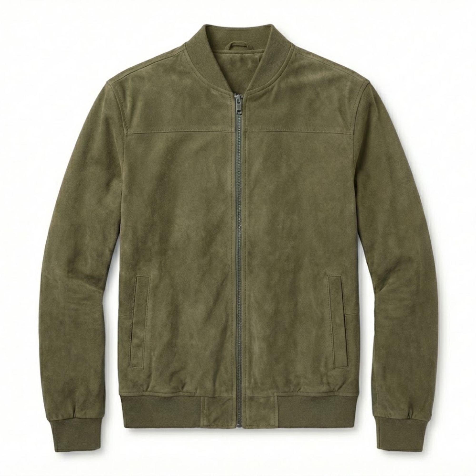 Men's Suede Bomber Jacket with Stand Collar and Full Zipper Closure