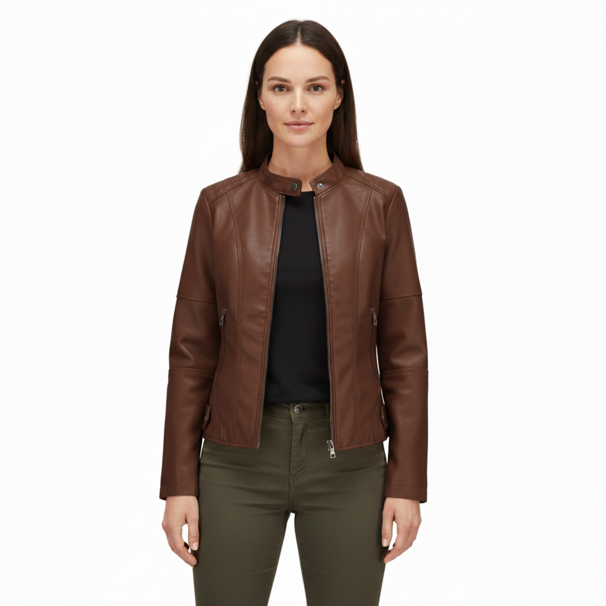 Faux Leather Biker Jacket for Women with Stand Collar and Zip Pockets