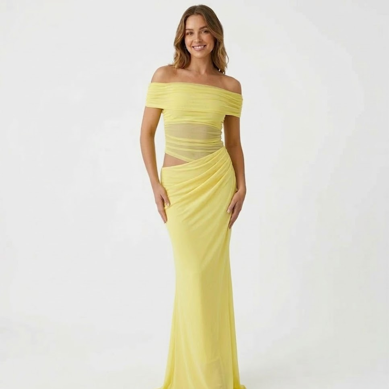 Off Shoulder Maxi Dress Slash Neck Waist Cutout Draped Bodycon Party Gown