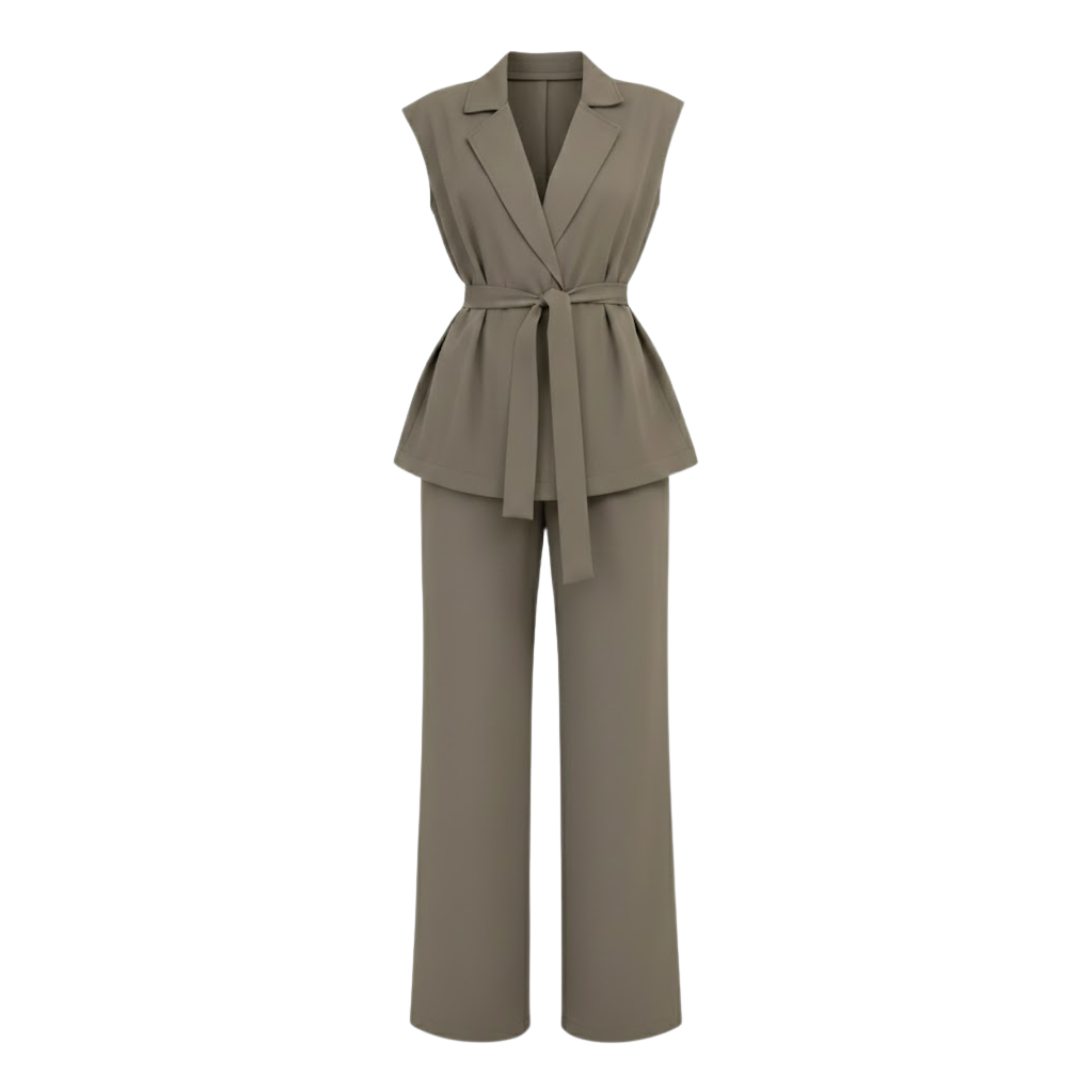 Sleeveless Vest and Wide Leg Pants Set with Turn Down Collar and Tie Waist Belt
