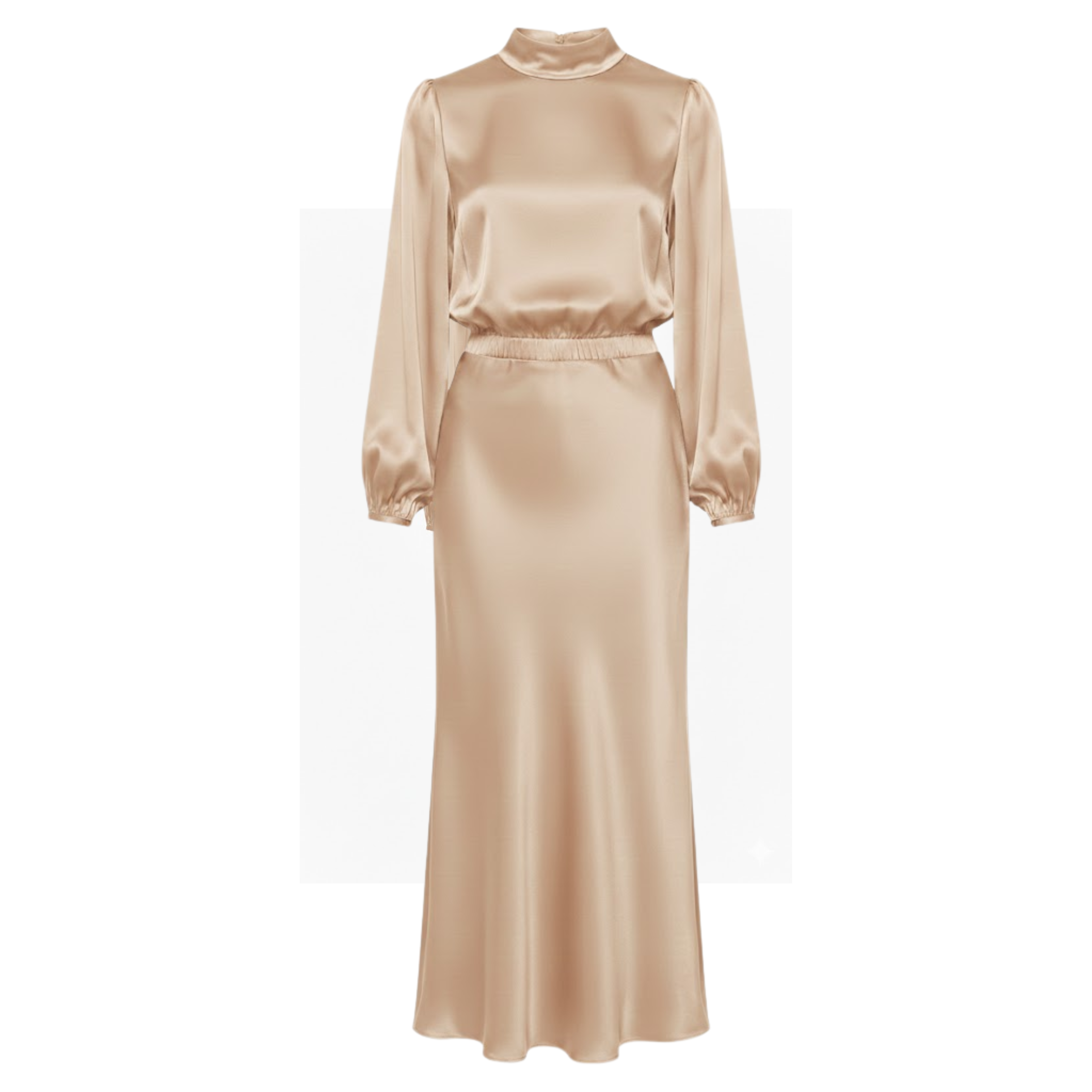 Satin High Neck Maxi Dress Long Sleeve Empire Waist Asymmetrical Evening Party Gown