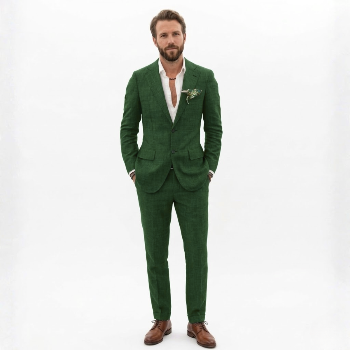 Men’s Cotton Linen Suit 2 Piece Set Slim Fit Single Breasted Blazer and Trousers