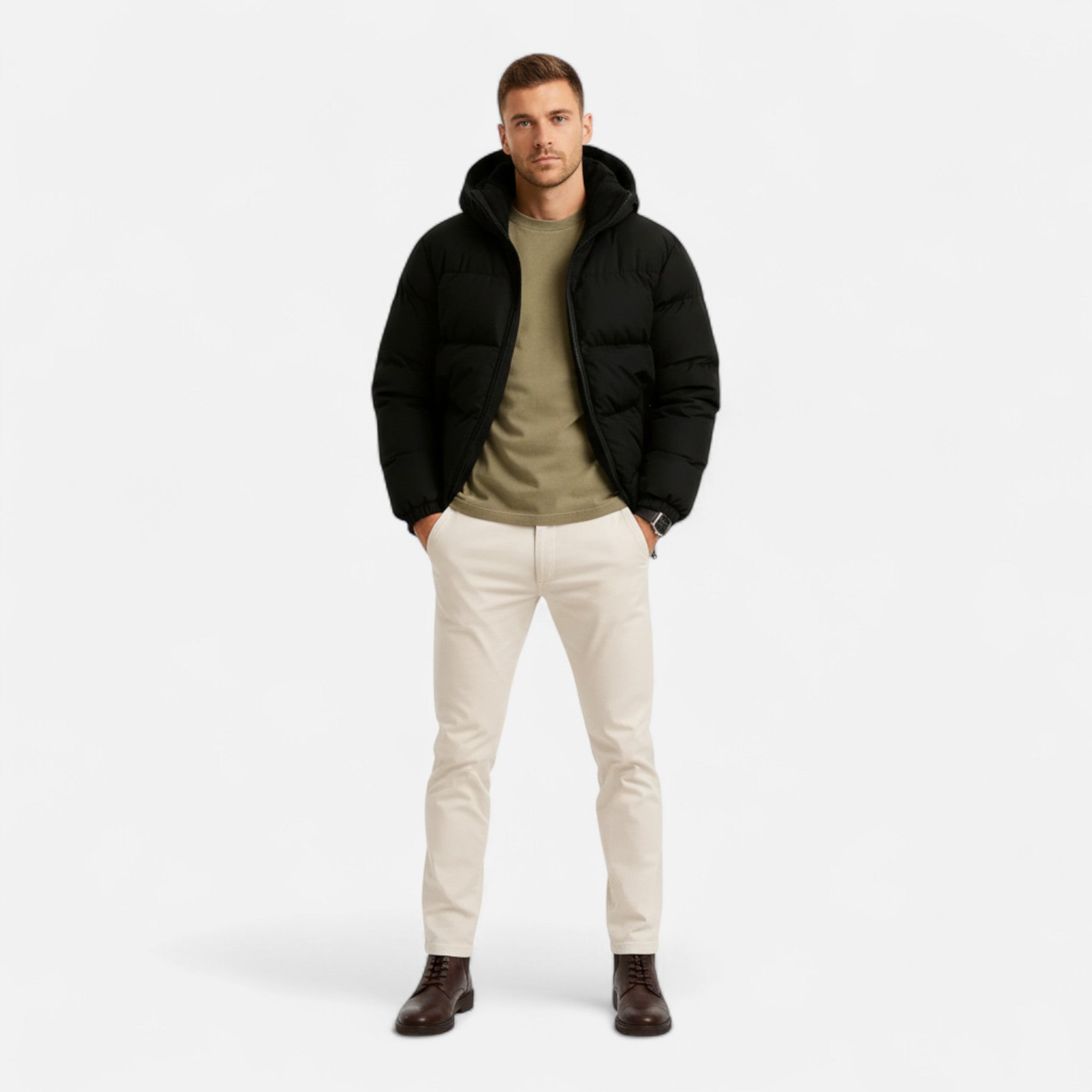 Veroux Mode | Men’s Puffer Jacket – Lightweight Hooded Insulated Elegance