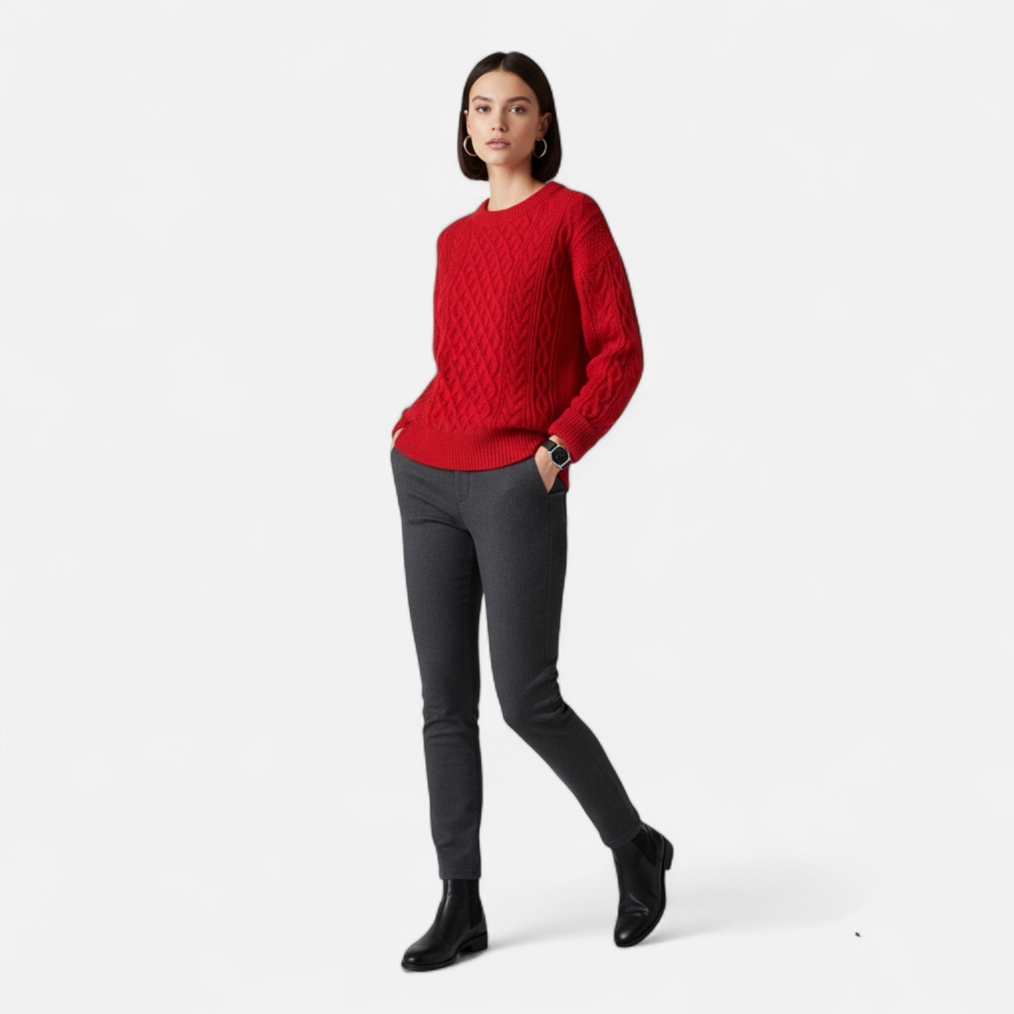 Veroux Mode | Women’s Wool Sweater – Cable Knit Round Neck Elegance