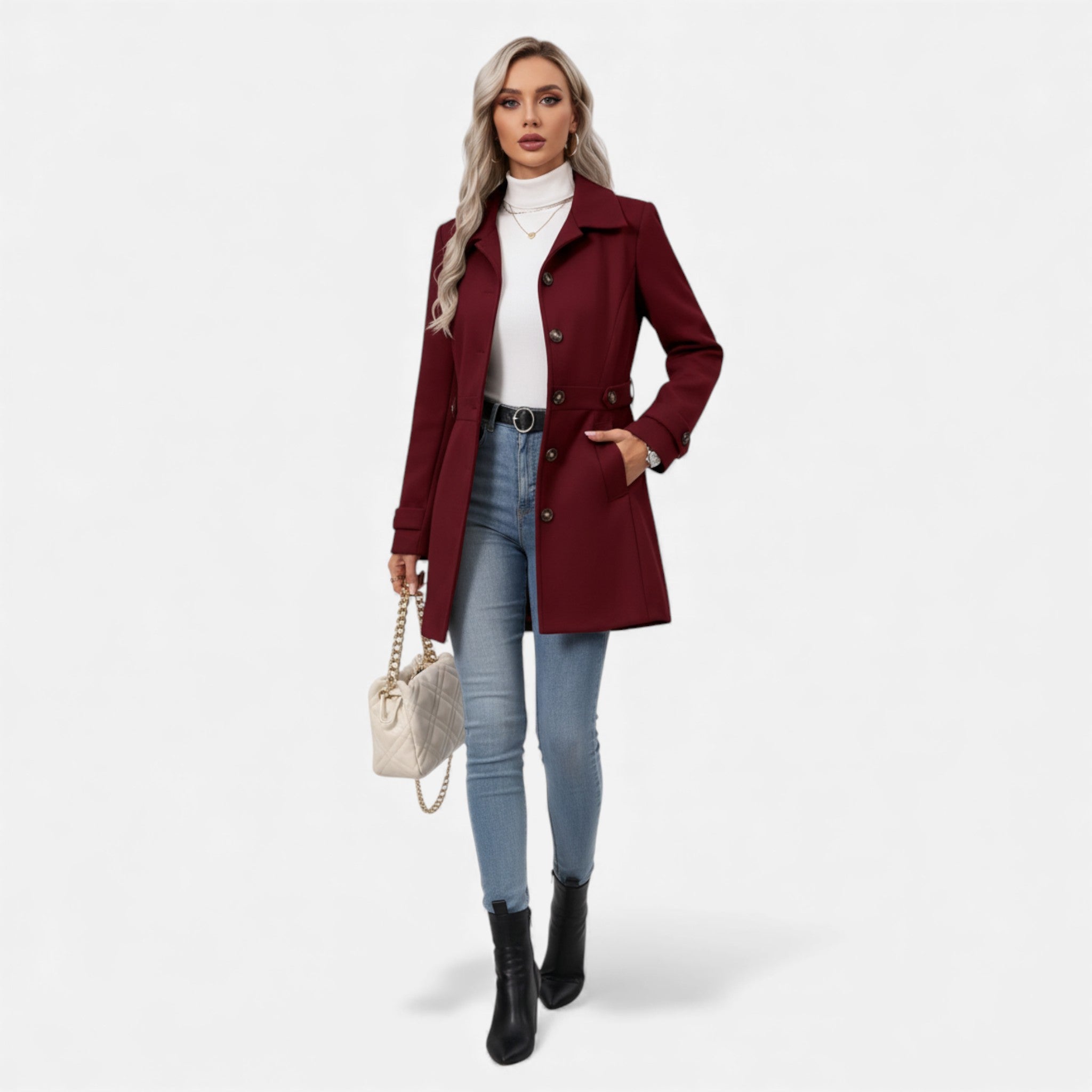 Veroux Mode | Women’s Classic Tweed Waist-Cinched Coat