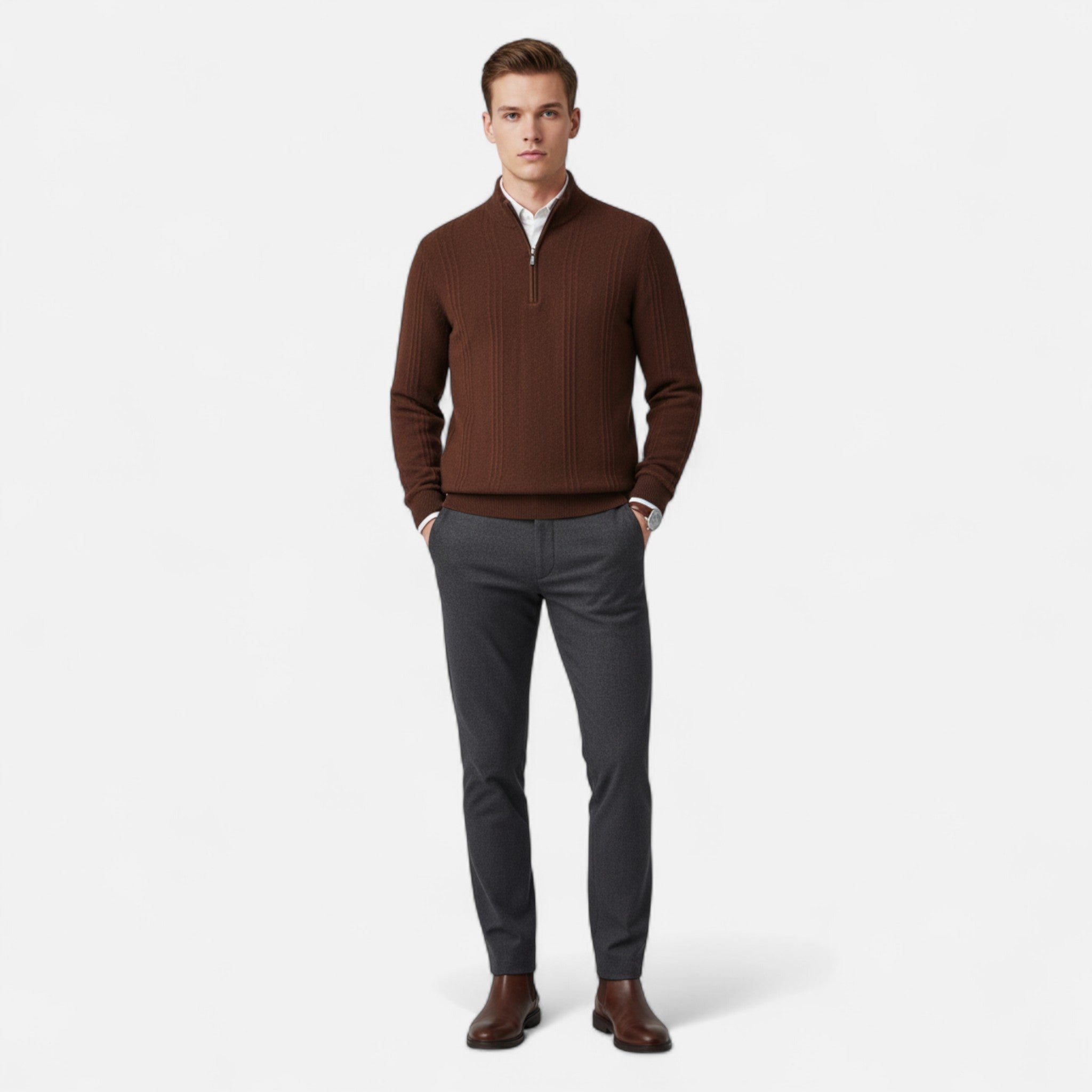 Veroux Mode | Men’s Sweater – Cashmere Ribbed Half-Zip Elegance