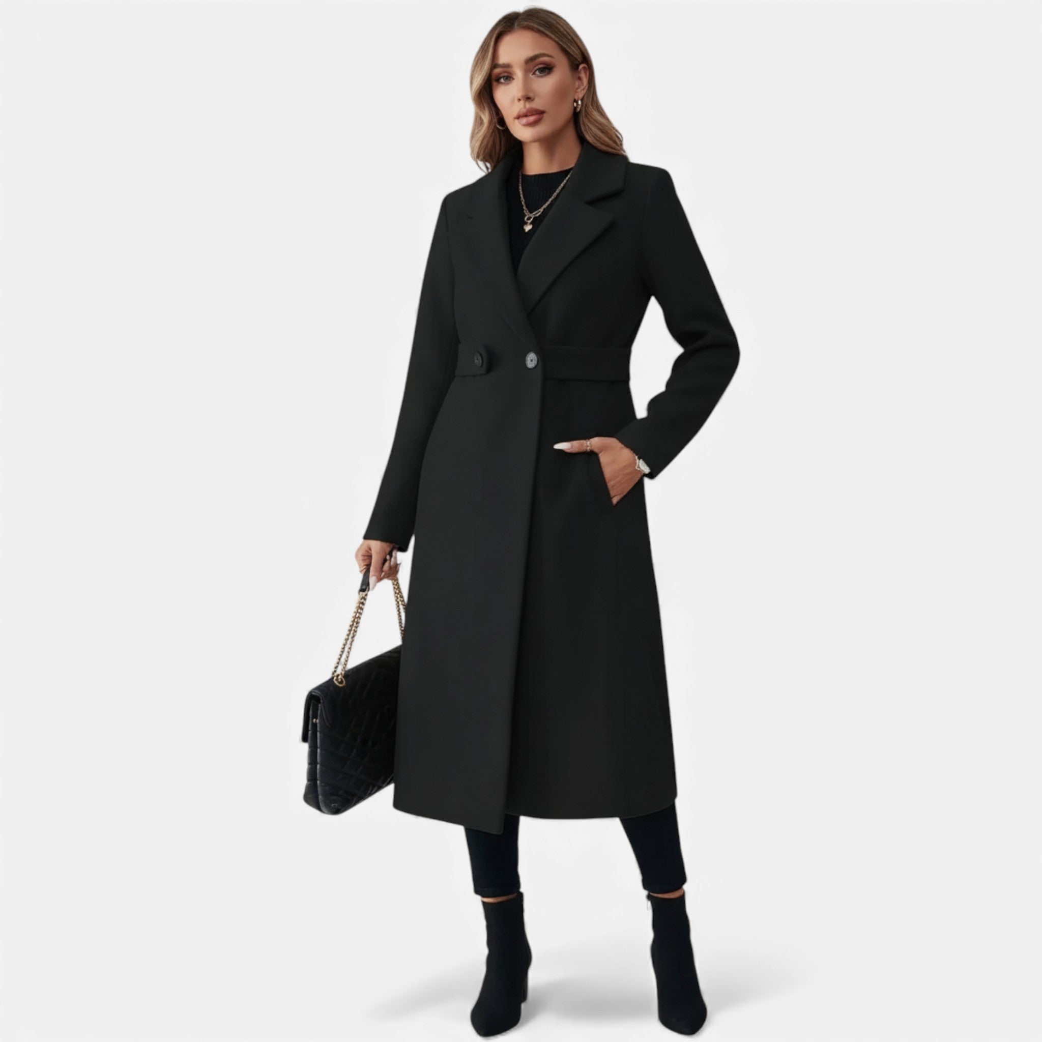 Veroux Mode | Women’s Tweed Coat – Long Belted Elegance