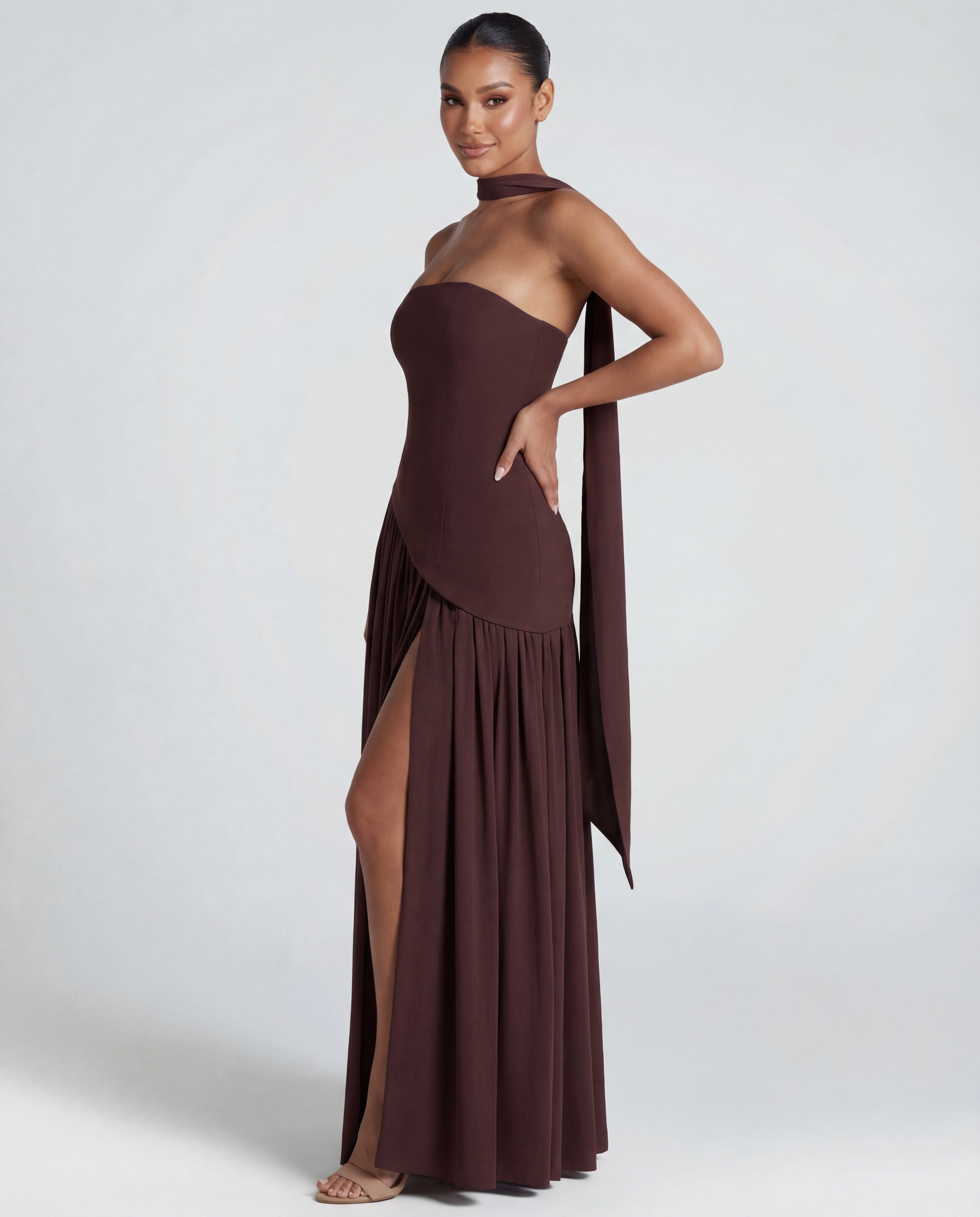 Women's maxi dress - strapless bodice with draped neckline | evening gala