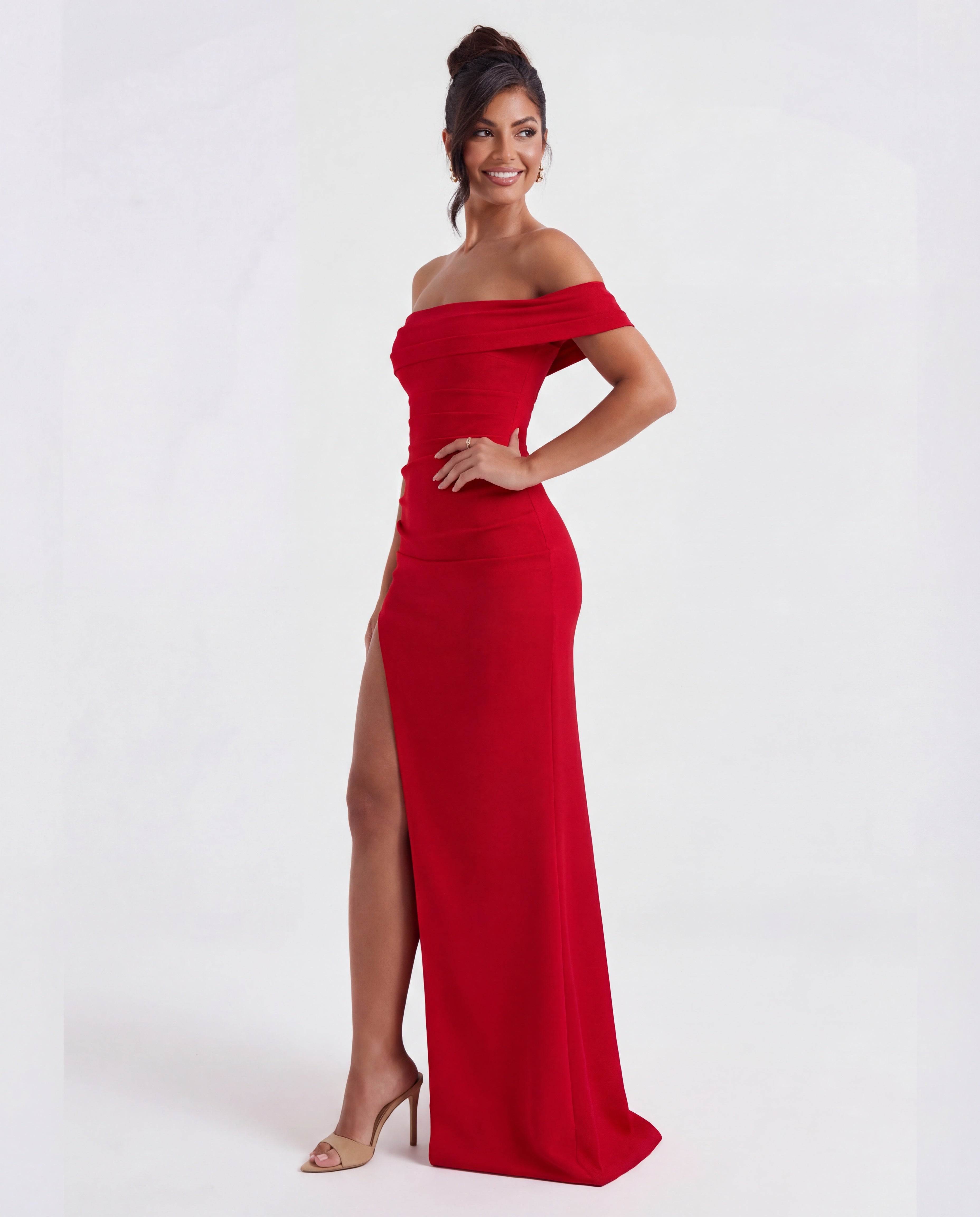 Women's maxi dress - off-shoulder ruched with side slit | gala and formal