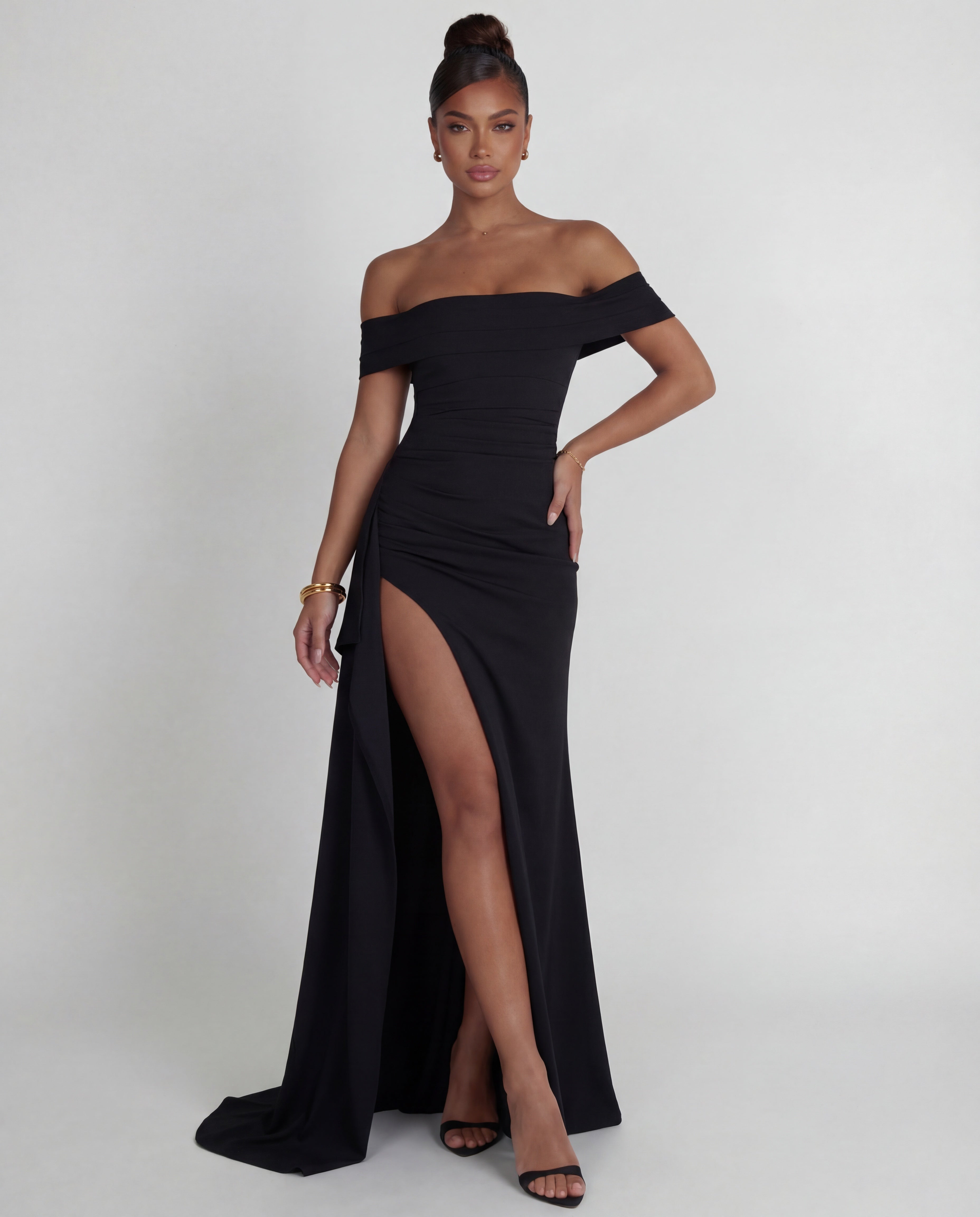 Women's maxi dress - off-shoulder ruched with side slit | gala and formal