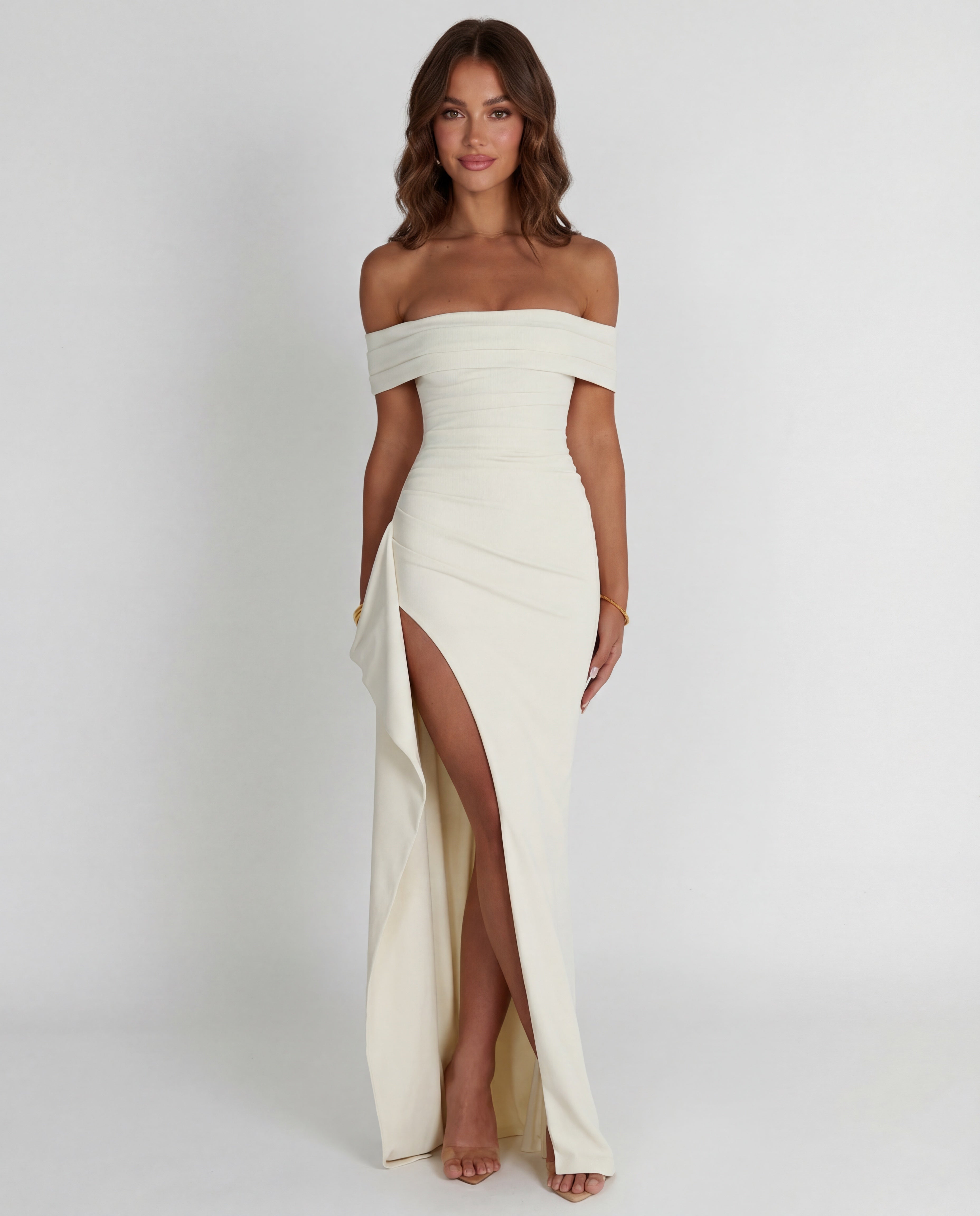 Women's maxi dress - off-shoulder ruched with side slit | gala and formal
