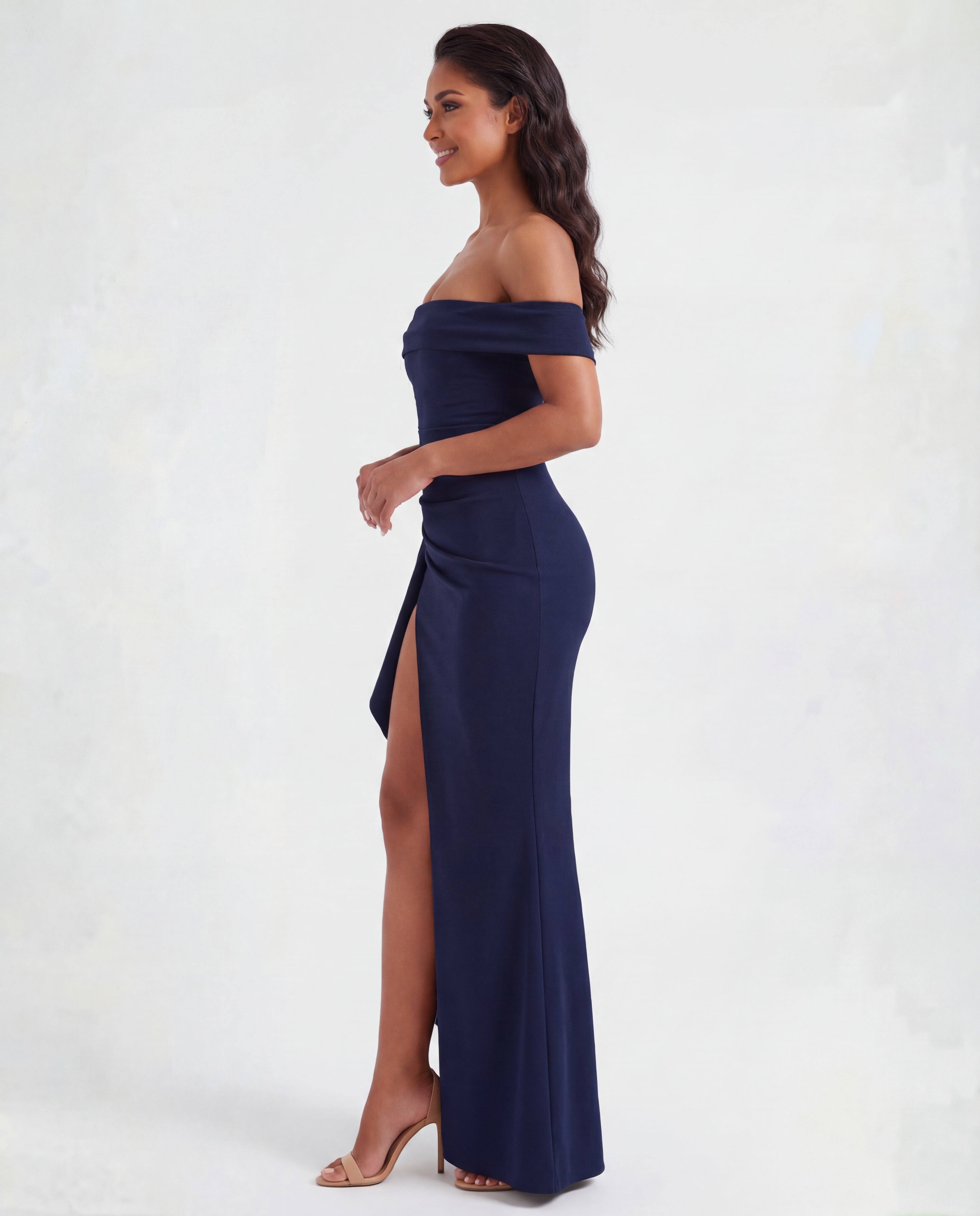 Women's maxi dress - off-shoulder ruched with side slit | gala and formal