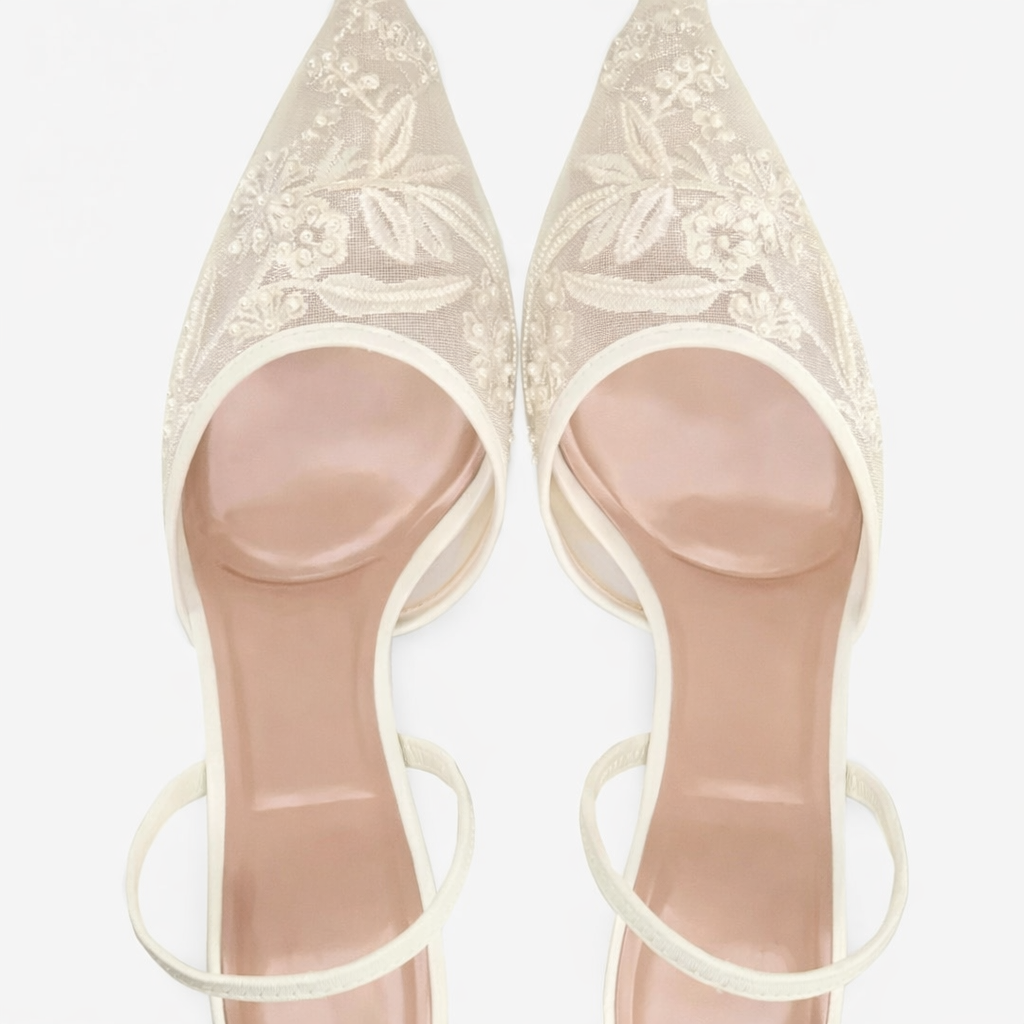 Embroidered Mesh Mule Heels