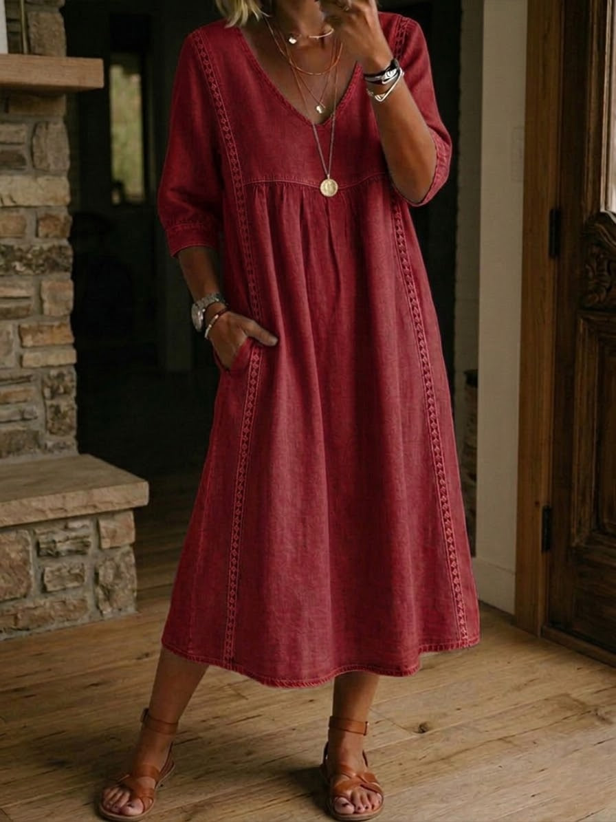 Women's midi dress V-neck relaxed fit casual