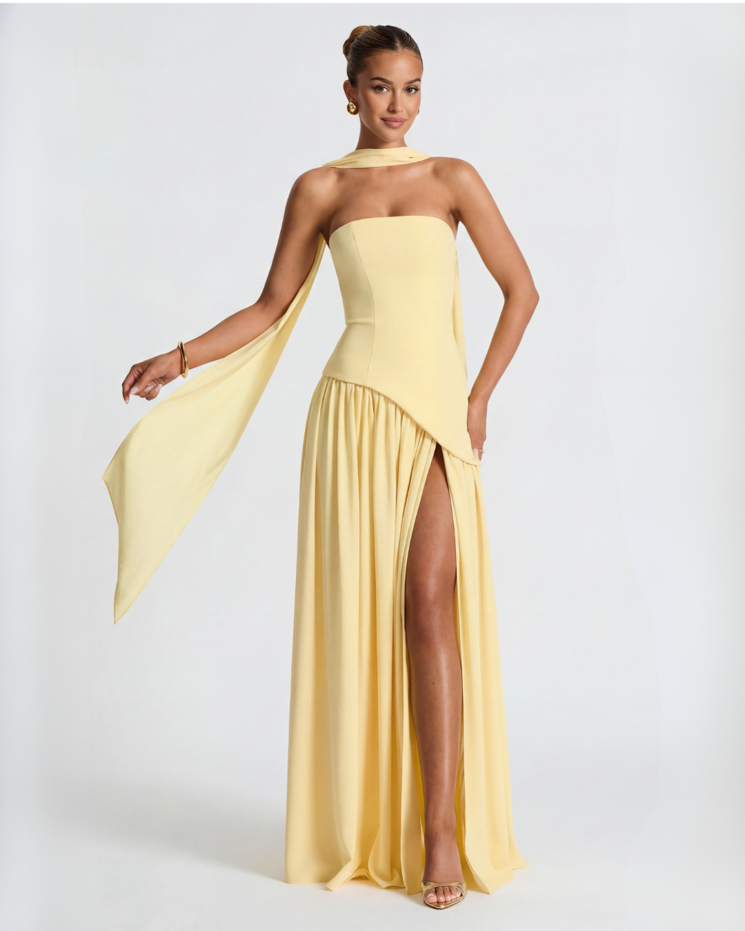 Women's maxi dress - strapless bodice with draped neckline | evening gala