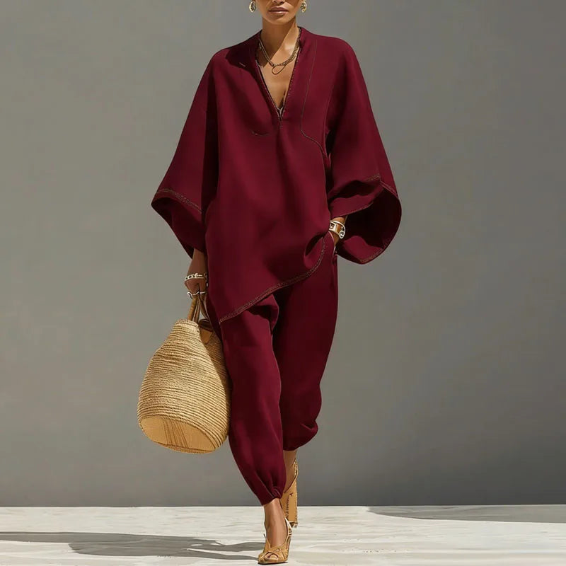 Women's casual suit - linen top with batwing sleeves - relaxed daily outfit