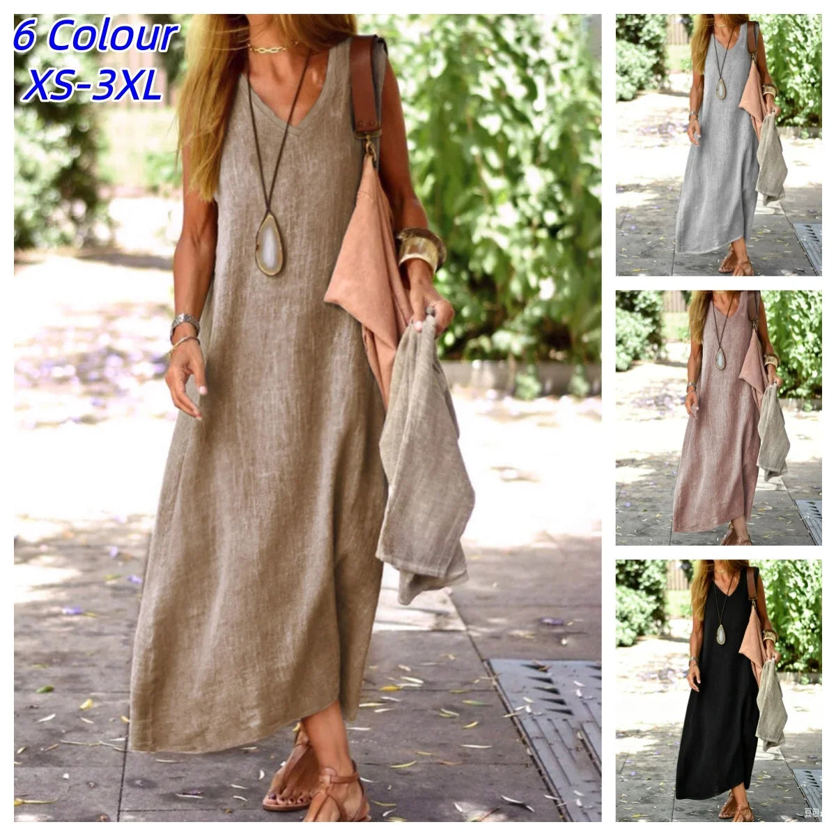 Sleeveless Cotton Blend Maxi Dress