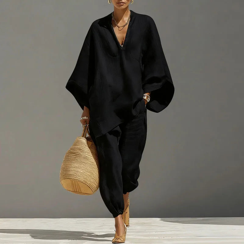 Women's casual suit - linen top with batwing sleeves - relaxed daily outfit