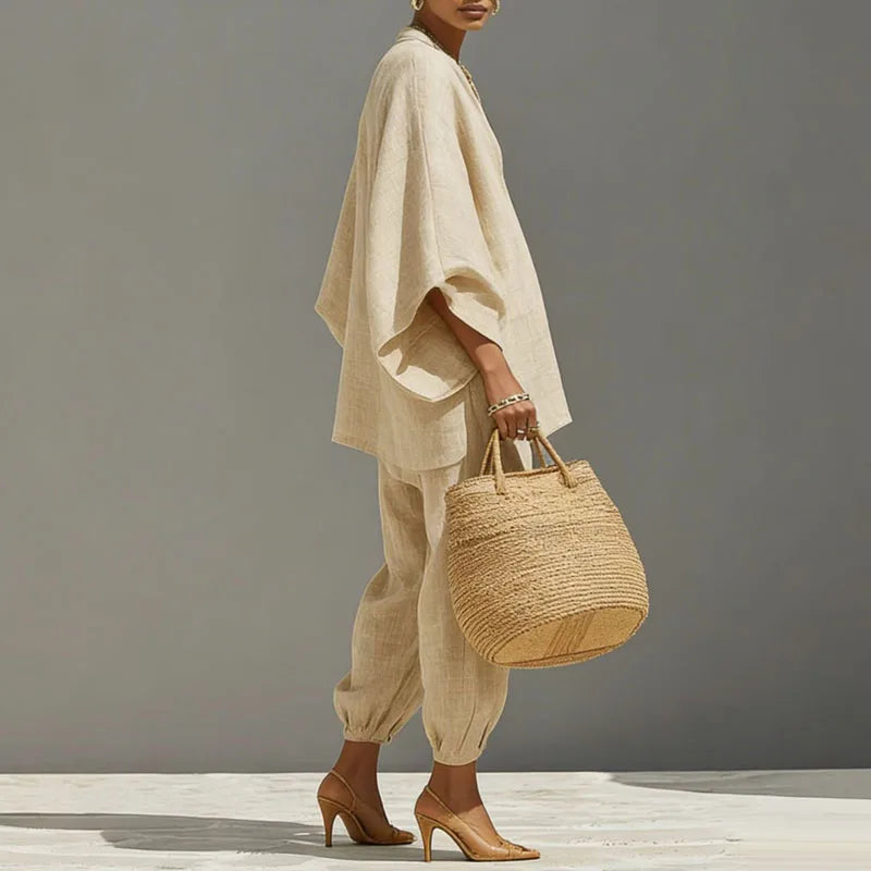 Women's casual suit - linen top with batwing sleeves - relaxed daily outfit