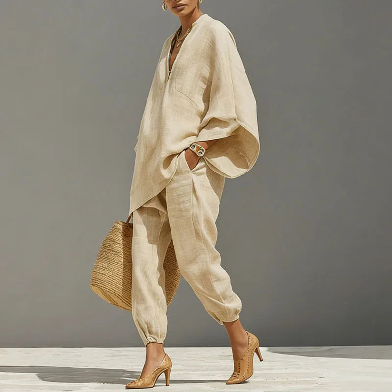Women's casual suit - linen top with batwing sleeves - relaxed daily outfit